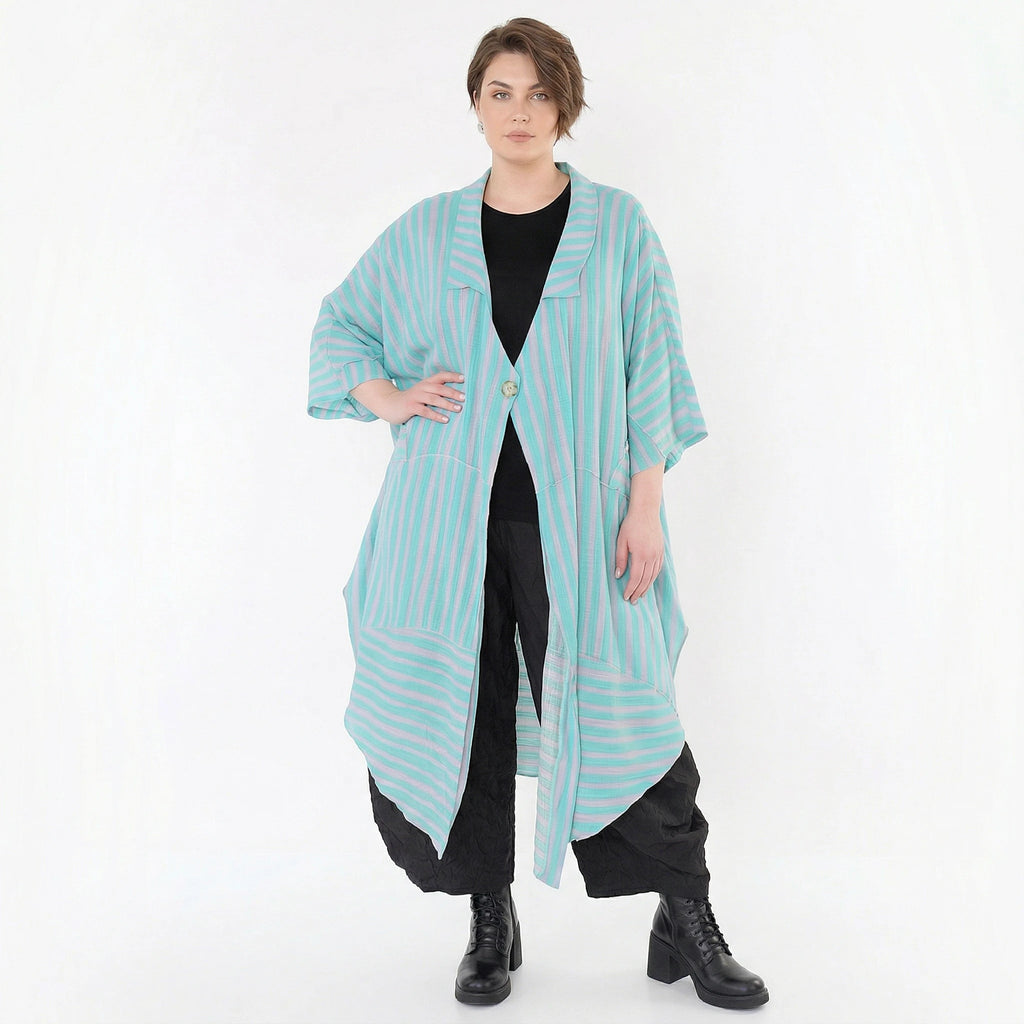 Luftig-leichter Oversize Mantel im Lagenlook mit ausgefallener Blockstreifen-Optik, Grün/Flieder