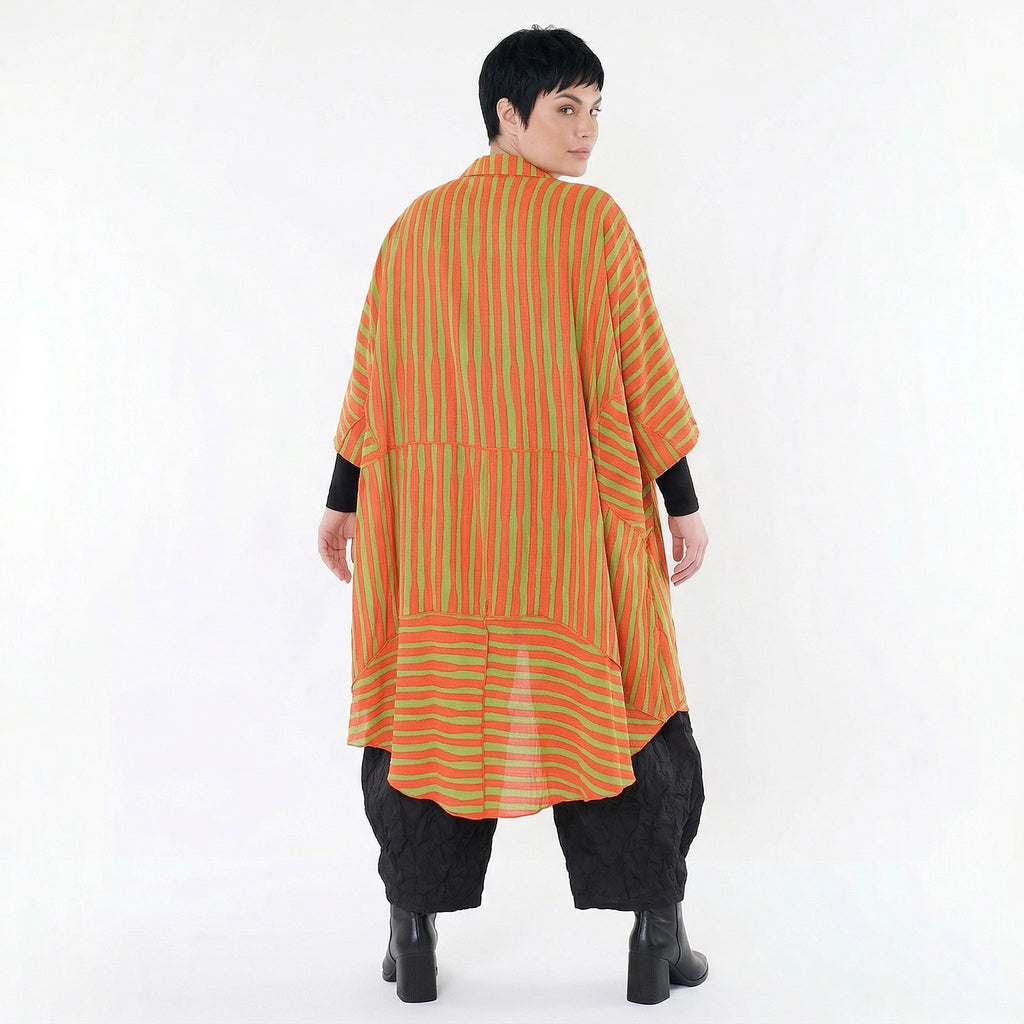 Luftiger Oversize Mantel in stilvoller A-Form sorgt mit Blockstreifen für einen ausgefallenen Lagenlook, Orange/Apfelgrün
