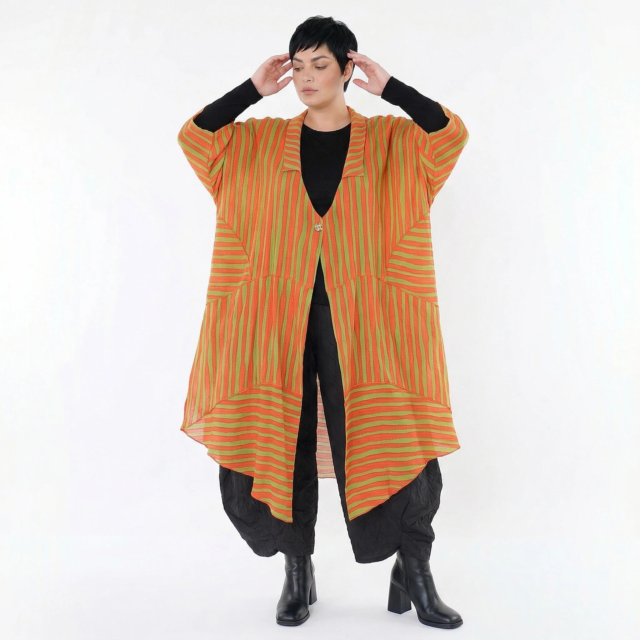 Luftiger Oversize Mantel in stilvoller A-Form sorgt mit Blockstreifen für einen ausgefallenen Lagenlook, Orange/Apfelgrün