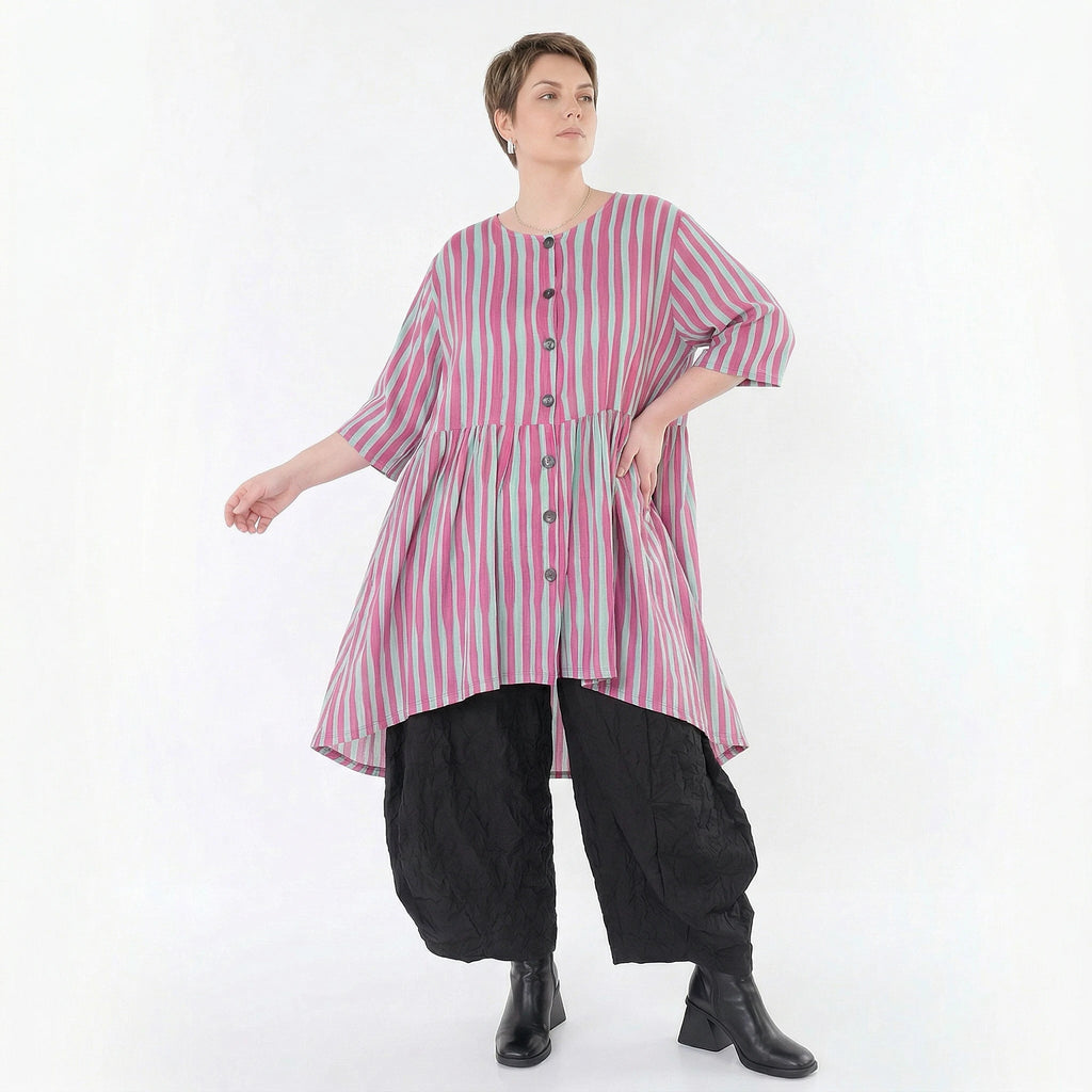 Ausgefallene Oversize Bluse in leichter Leinen Optik mit A-Form und lässigem Lagenlook, Fuchsia/Mint