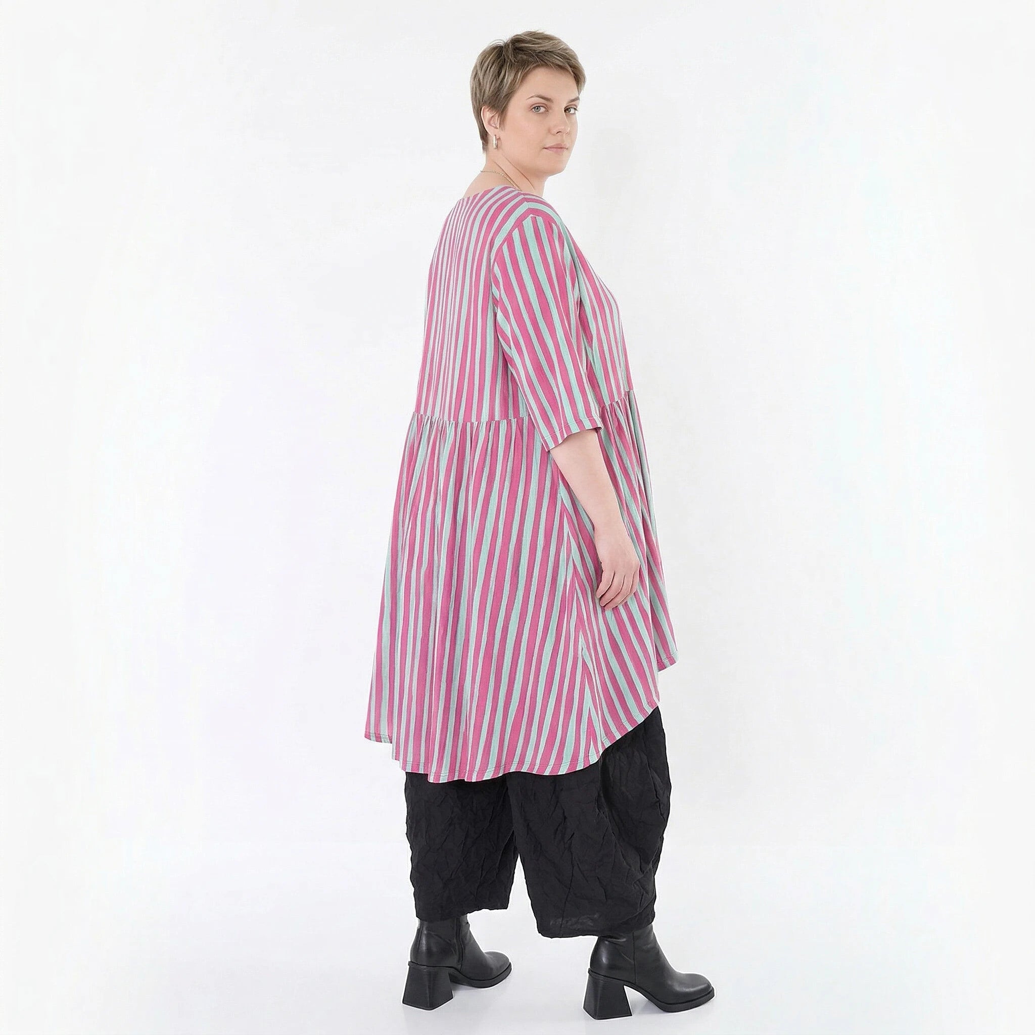 Ausgefallene Oversize Bluse in leichter Leinen Optik mit A-Form und lässigem Lagenlook, Fuchsia/Mint