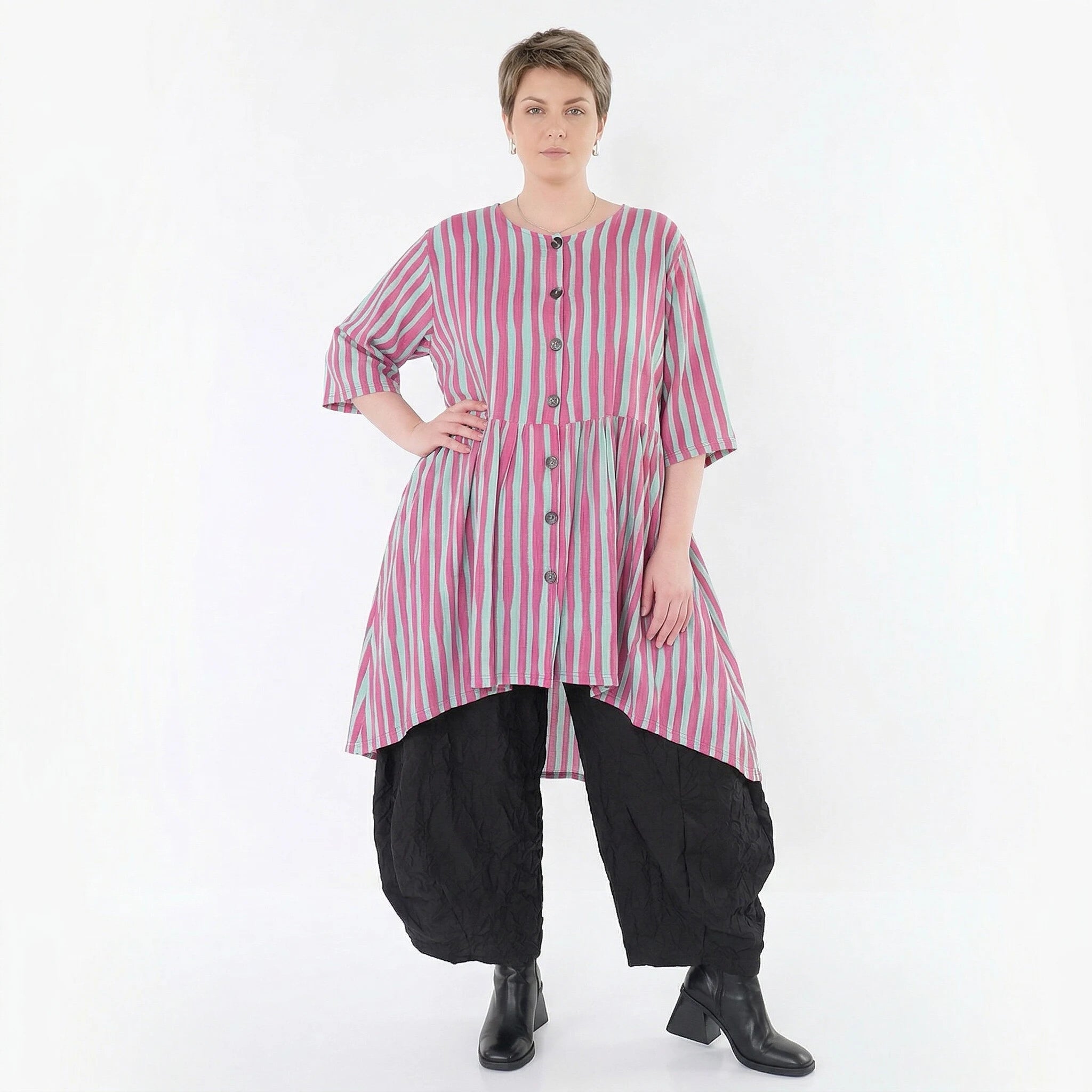 Ausgefallene Oversize Bluse in leichter Leinen Optik mit A-Form und lässigem Lagenlook, Fuchsia/Mint