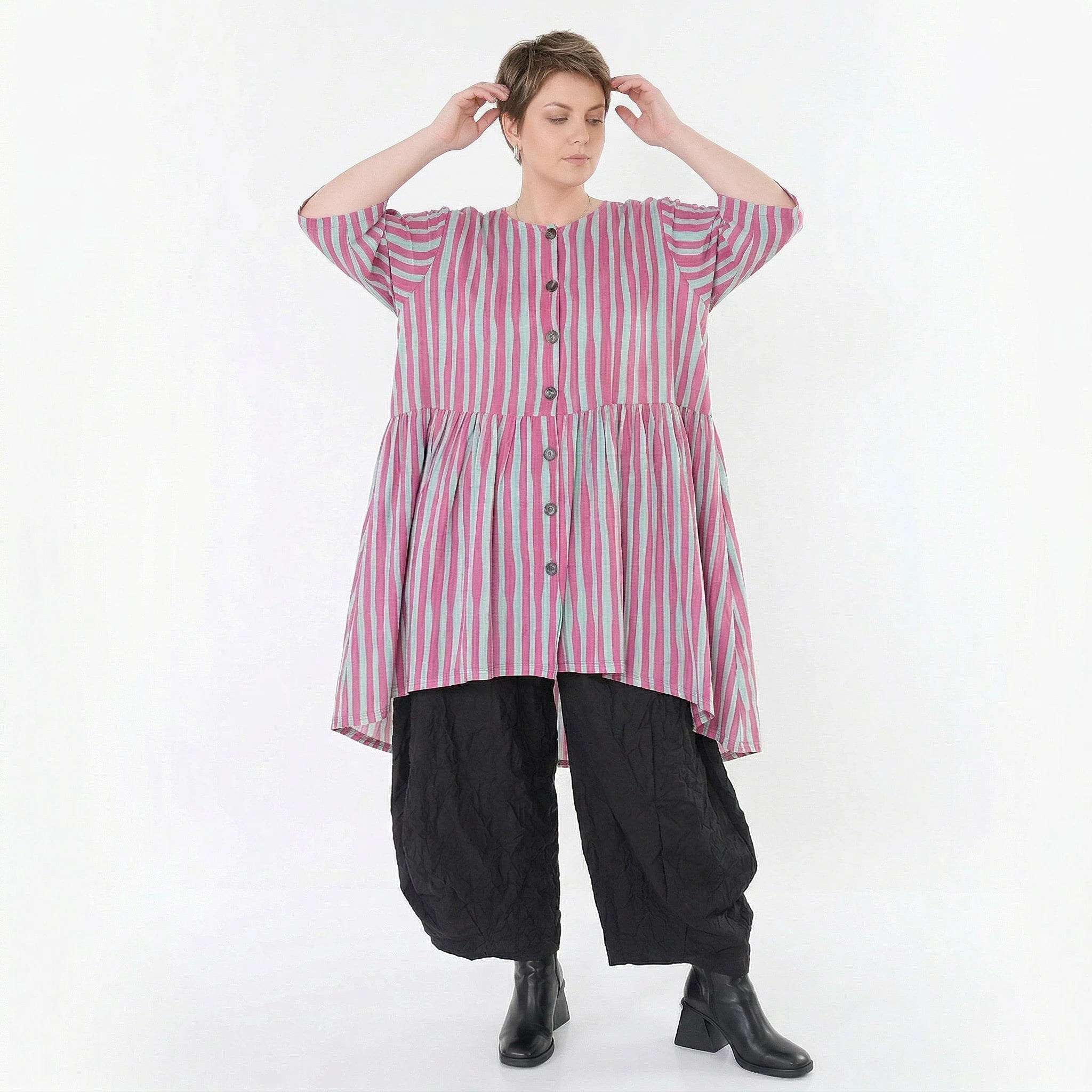 Ausgefallene Oversize Bluse in leichter Leinen Optik mit A-Form und lässigem Lagenlook, Fuchsia/Mint