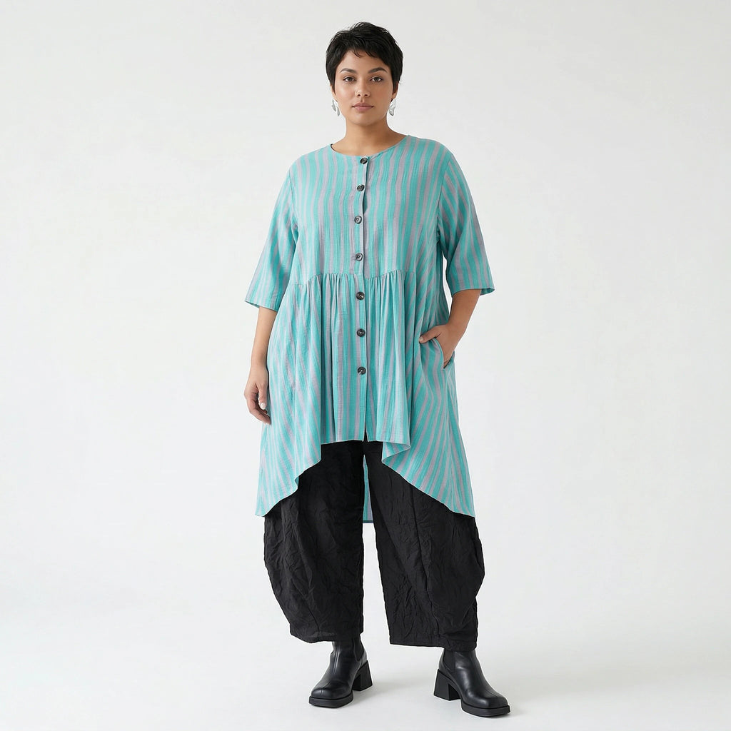 Stilvolle Oversize Bluse im ausgefallenen Lagenlook aus Baumwolle Viskose luftig und leicht, Grün/Flieder