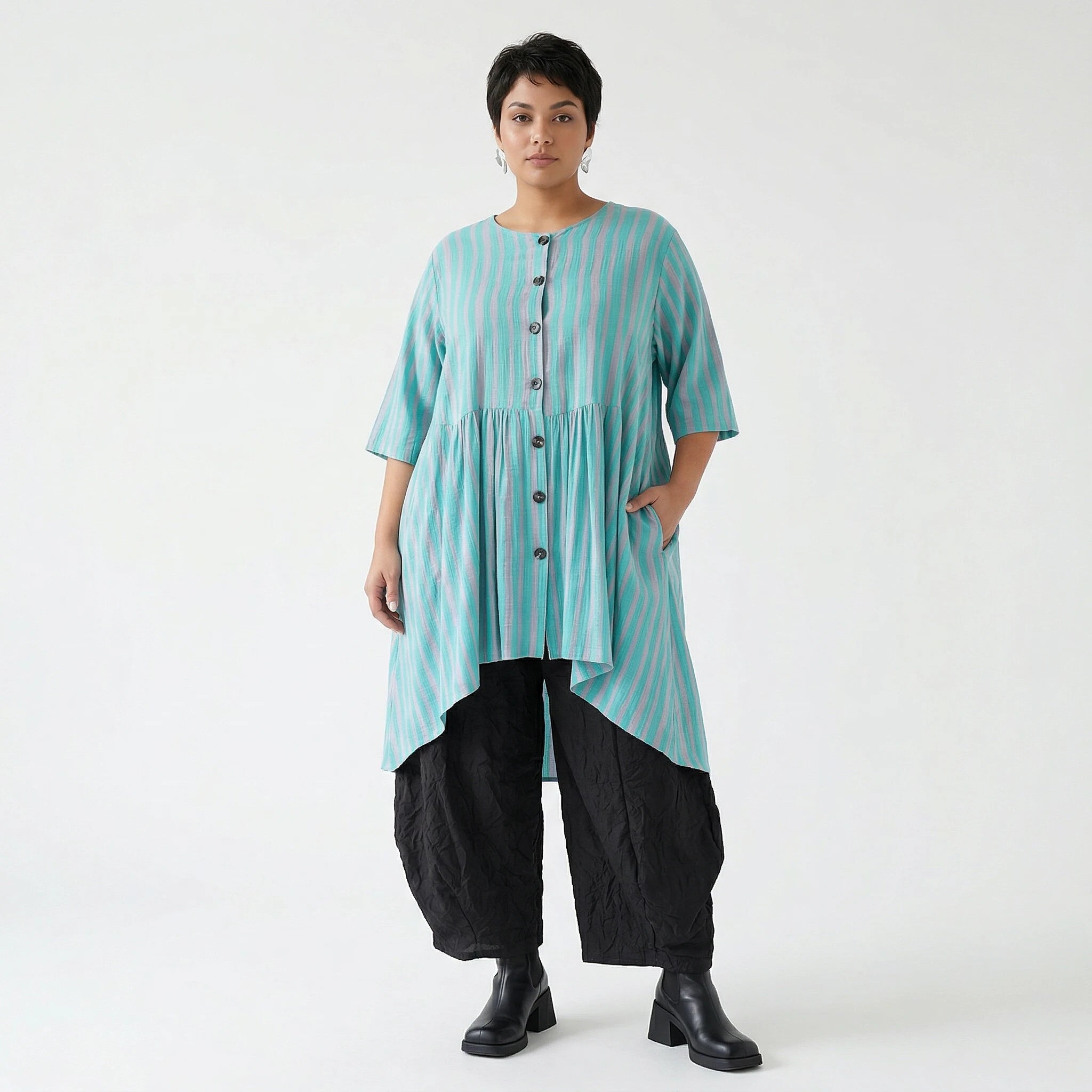 Stilvolle Oversize Bluse im ausgefallenen Lagenlook aus Baumwolle Viskose luftig und leicht, Grün/Flieder