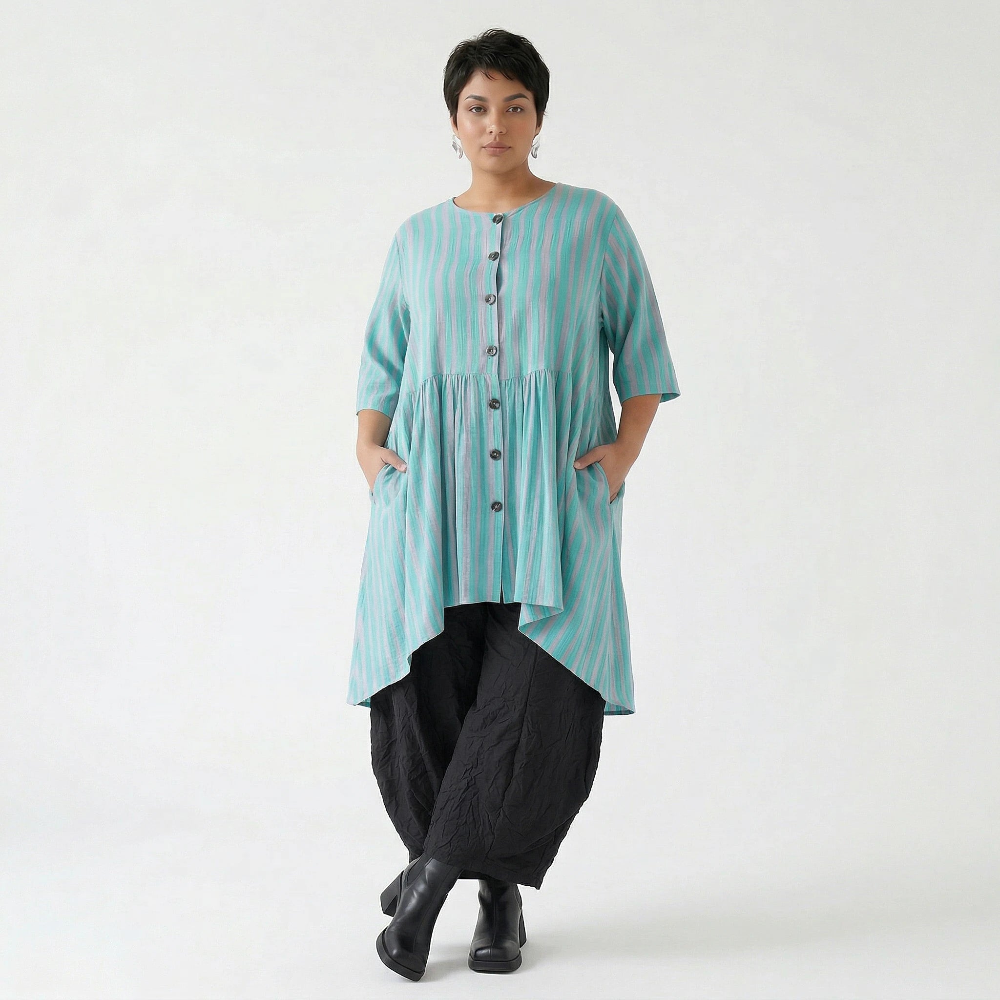 Stilvolle Oversize Bluse im ausgefallenen Lagenlook aus Baumwolle Viskose luftig und leicht, Grün/Flieder