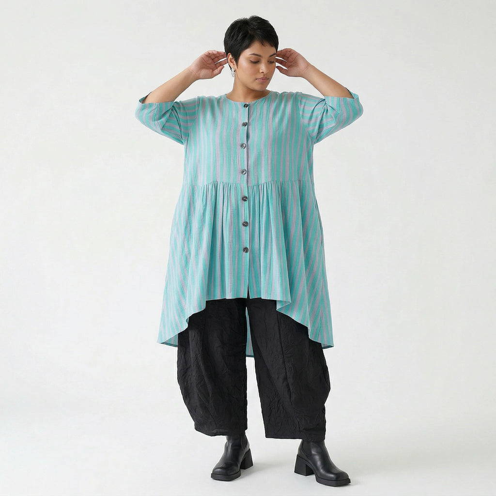 Stilvolle Oversize Bluse im ausgefallenen Lagenlook aus Baumwolle Viskose luftig und leicht, Grün/Flieder