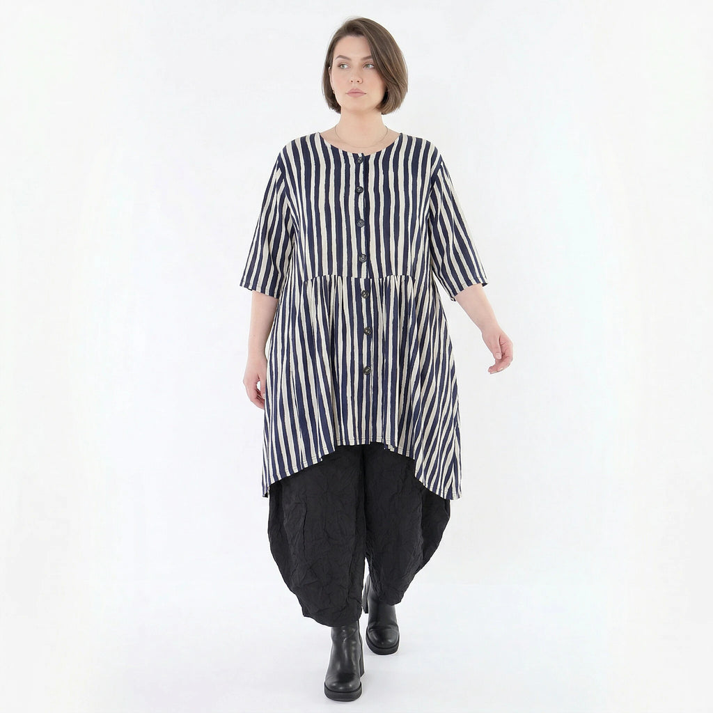 Stilvolle Oversize Bluse in A-Form mit zeitlosem Lagenlook und luftigem Blockstreifen Design, Marine/Weiß