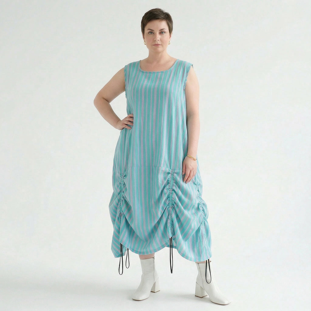 Luftig zeitloses Ballon Kleid aus Baumwolle und Viskose im Lagenlook mit Tunnelzug, Grün/Flieder