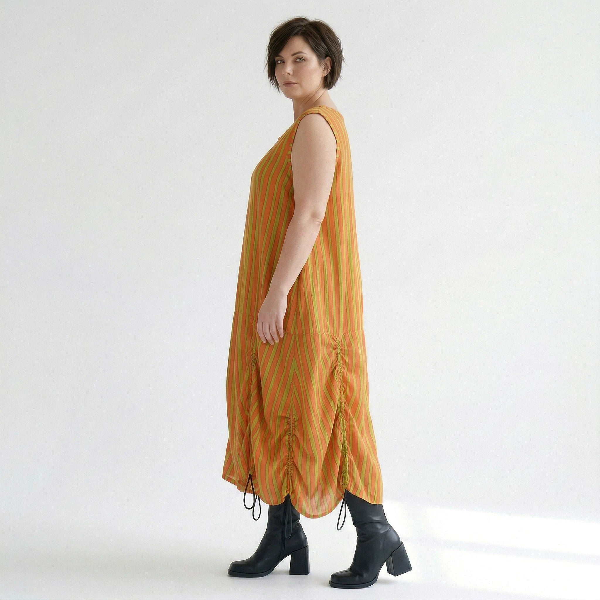 Luftig leichtes Ballonkleid im zeitlosen Lagenlook mit ausgefallenen Blockstreifen, Orange/Apfelgrün