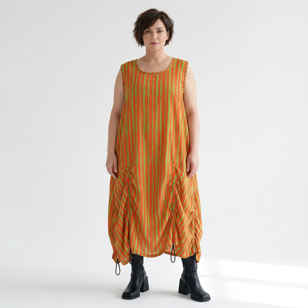 Luftig leichtes Ballonkleid im zeitlosen Lagenlook mit ausgefallenen Blockstreifen, Orange/Apfelgrün