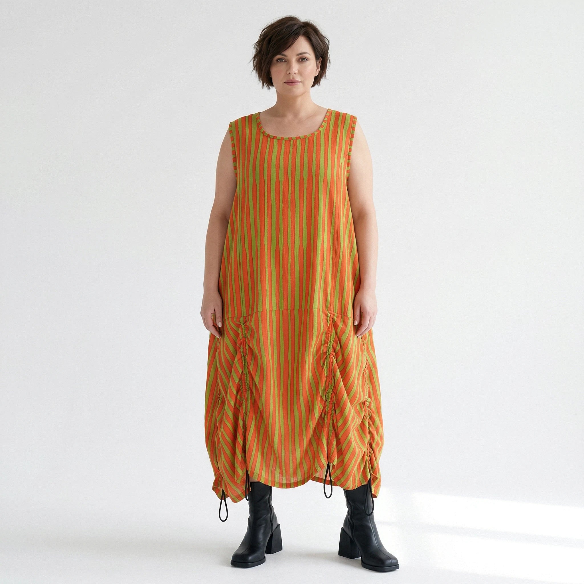 Luftig leichtes Ballonkleid im zeitlosen Lagenlook mit ausgefallenen Blockstreifen, Orange/Apfelgrün