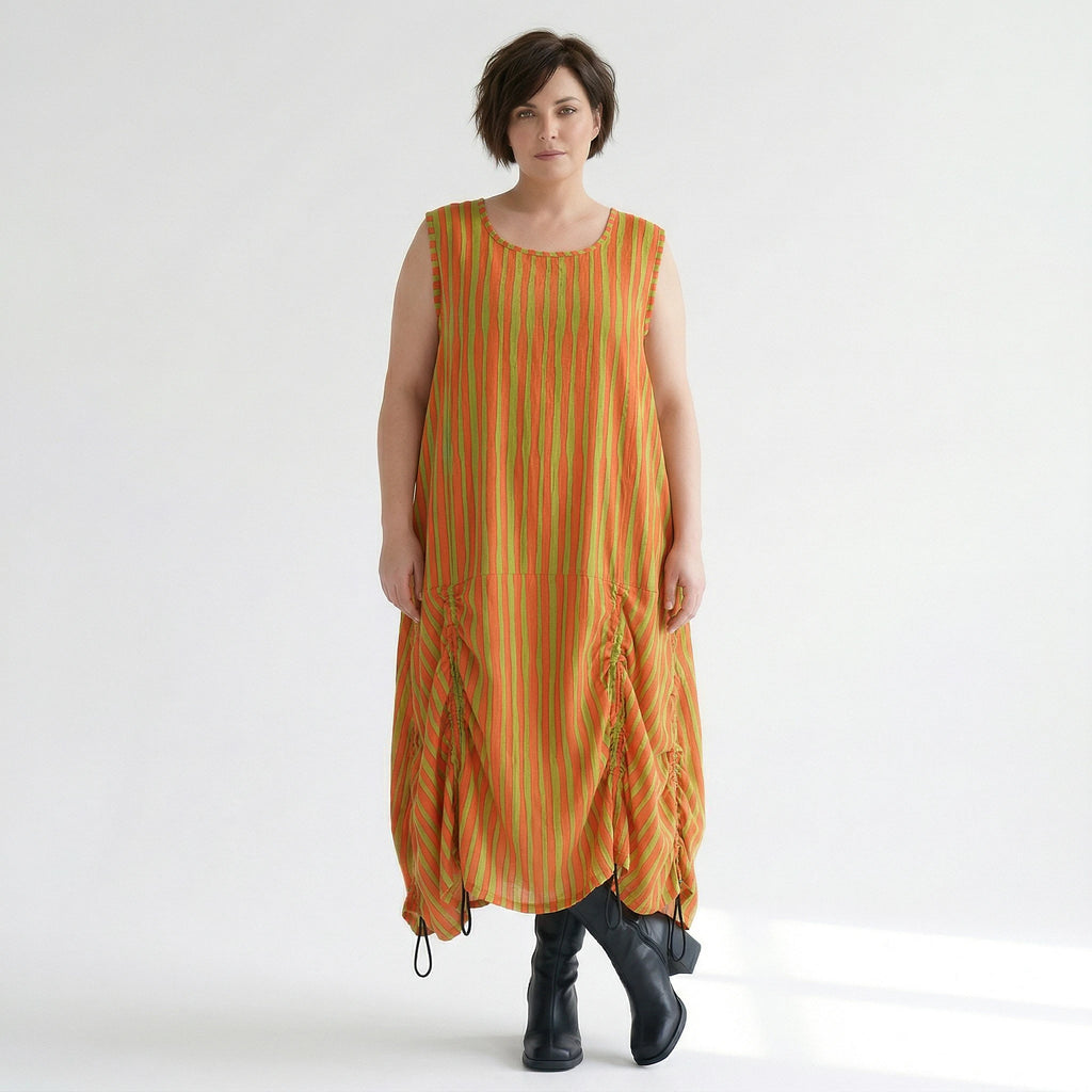 Luftig leichtes Ballonkleid im zeitlosen Lagenlook mit ausgefallenen Blockstreifen, Orange/Apfelgrün