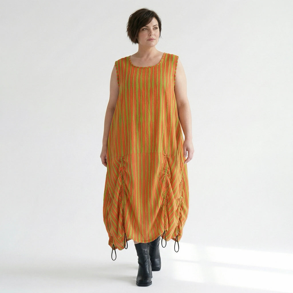 Luftig leichtes Ballonkleid im zeitlosen Lagenlook mit ausgefallenen Blockstreifen, Orange/Apfelgrün