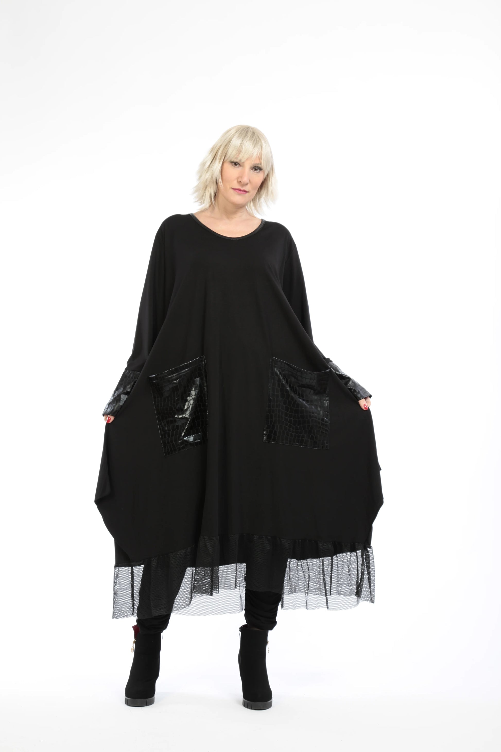  Ballonkleid von AKH Fashion aus Viskose, 1221.05909, Schwarz-Netz, Reptil, Schick, Modern