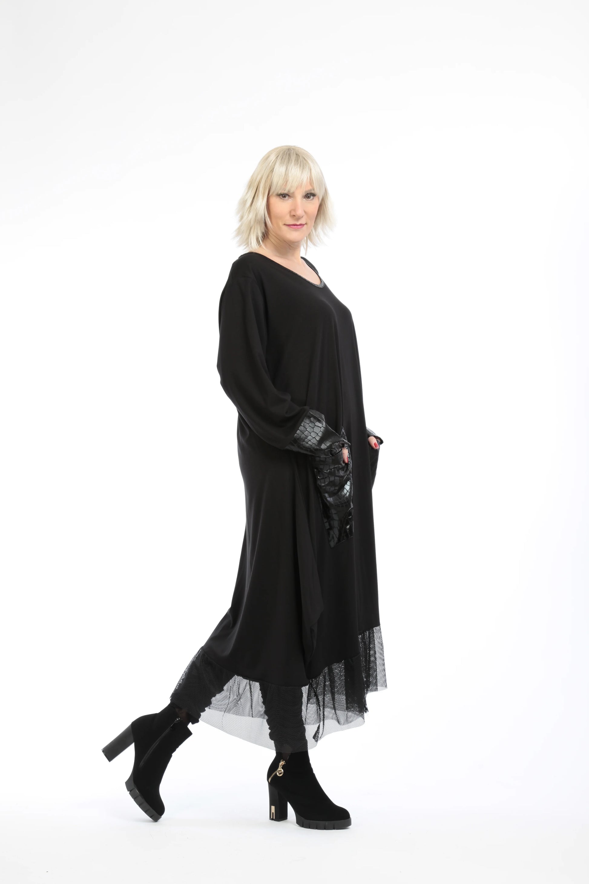  Ballonkleid von AKH Fashion aus Viskose, 1221.05909, Schwarz-Netz, Reptil, Schick, Modern