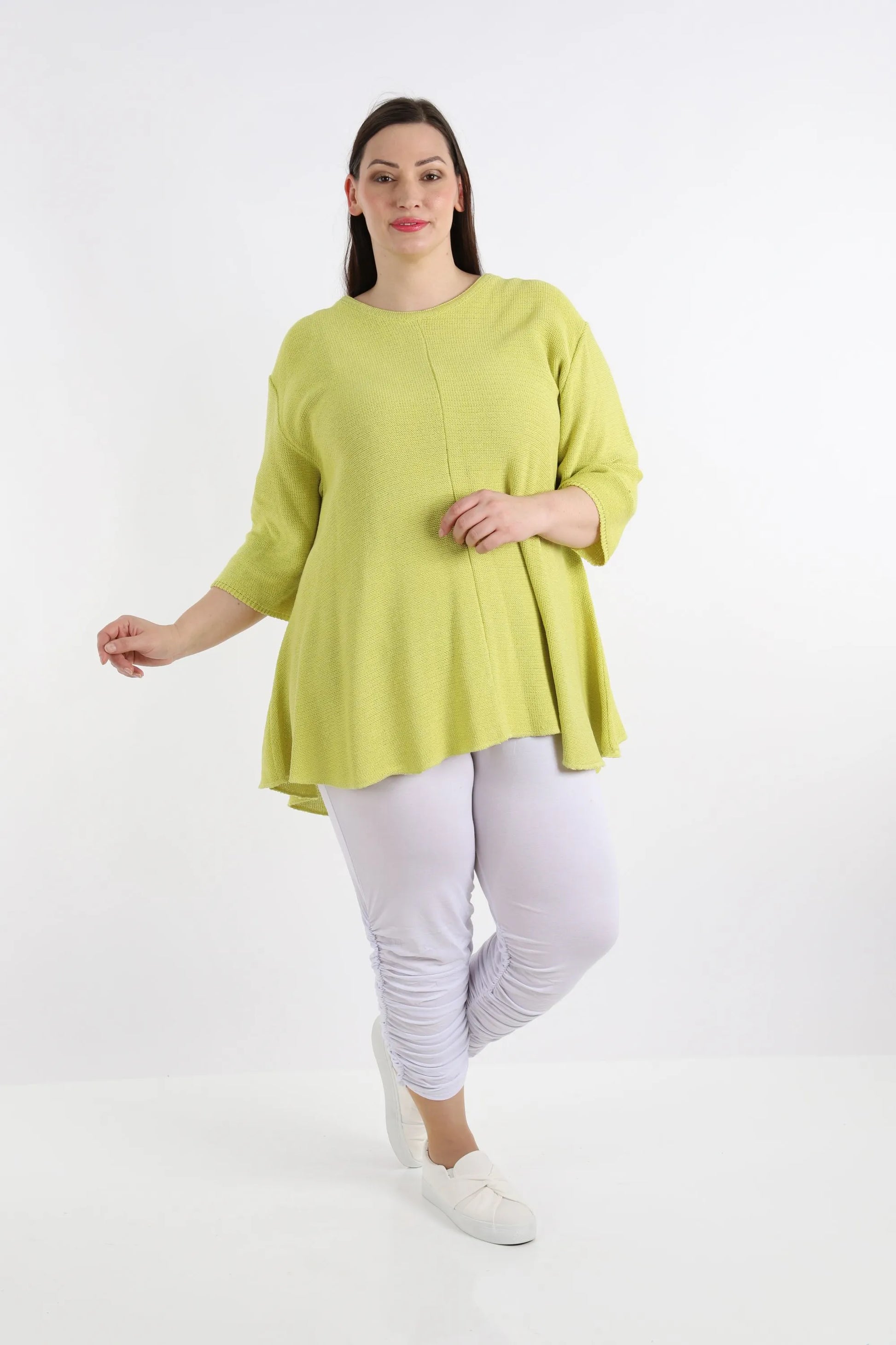  Glocken-Form Shirt in frischem Limettenton aus leichtem, luftigem Baumwollstrick für Plus Size