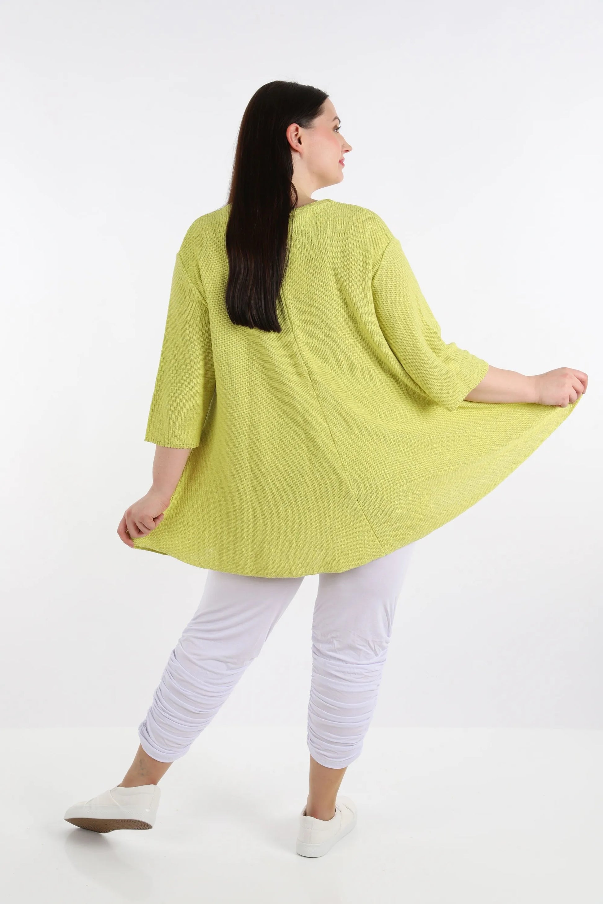  Glocken-Form Shirt in frischem Limettenton aus leichtem, luftigem Baumwollstrick für Plus Size