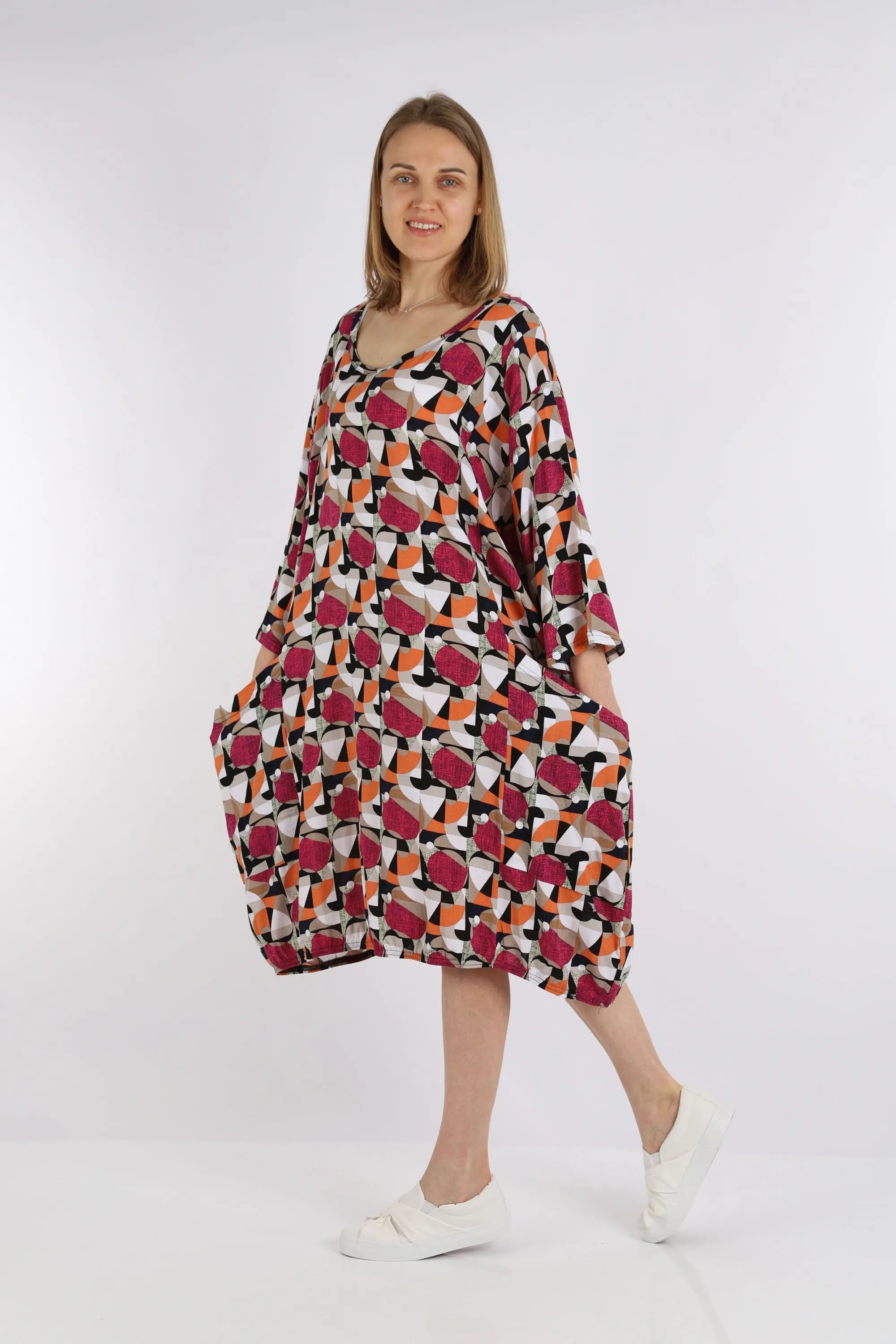  Ballonkleid von AKH Fashion aus Viskose, 1251.06840, Fuchsia-Pink-Cognac, Grafik, Schick