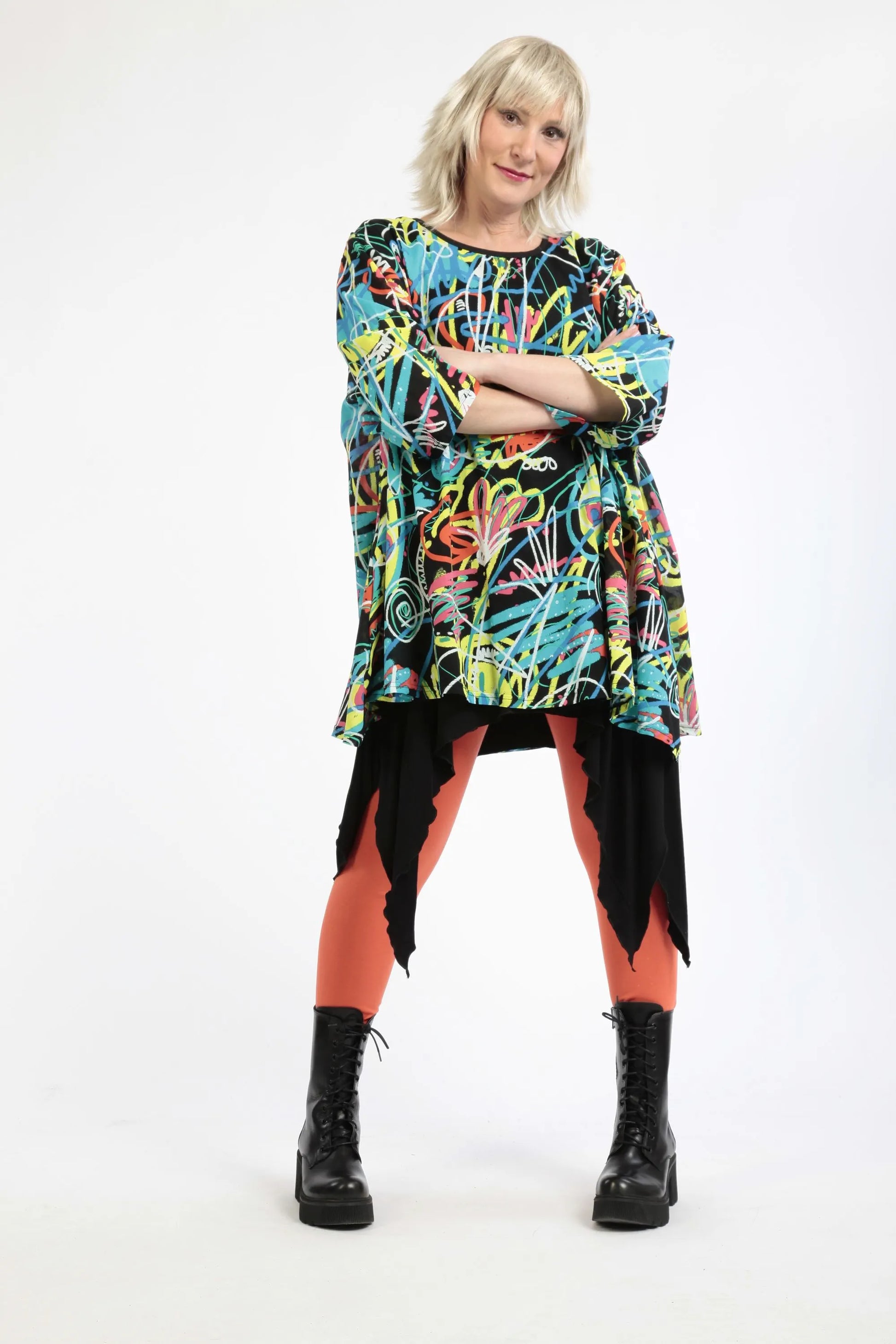  A-Form Bigshirt von AKH Fashion aus Baumwolle, 1255.00593, Schwarz-Multicolour, Ausgefallen