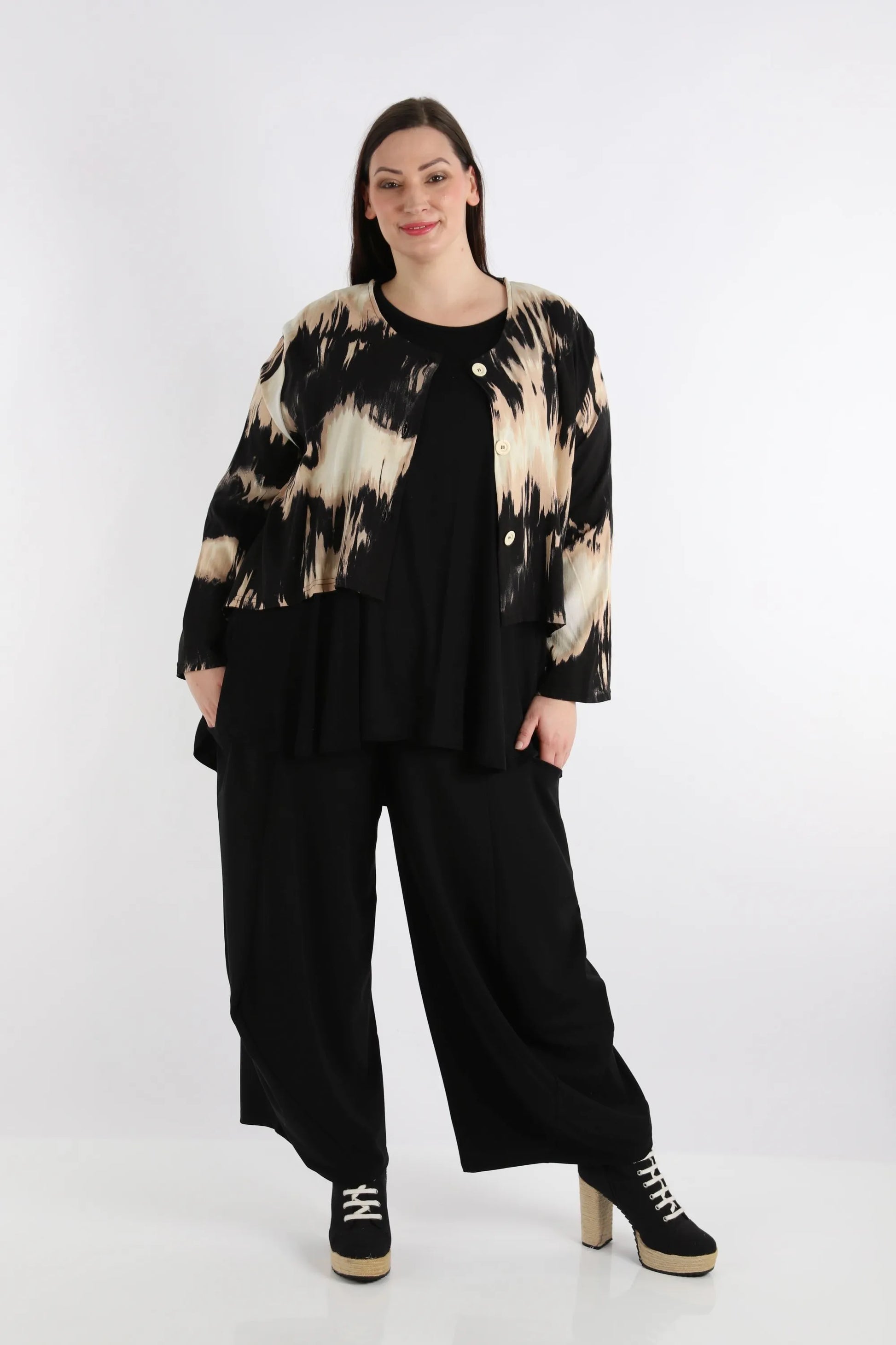  AKH Fashion Jacke in gerundeter Form, aus Rayon, 1258.00130, Schwarz-Beige, Batik, Schick