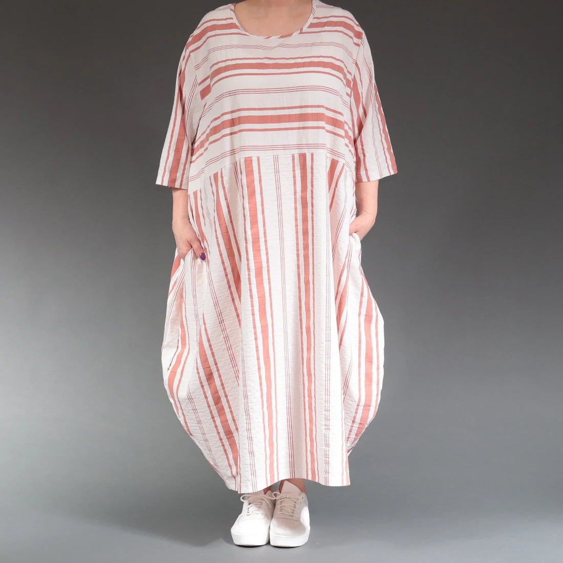  Ballonkleid von AKH Fashion aus Baumwolle, 1262.01926, Weiß-Apricot, Streifen, Ausgefallen