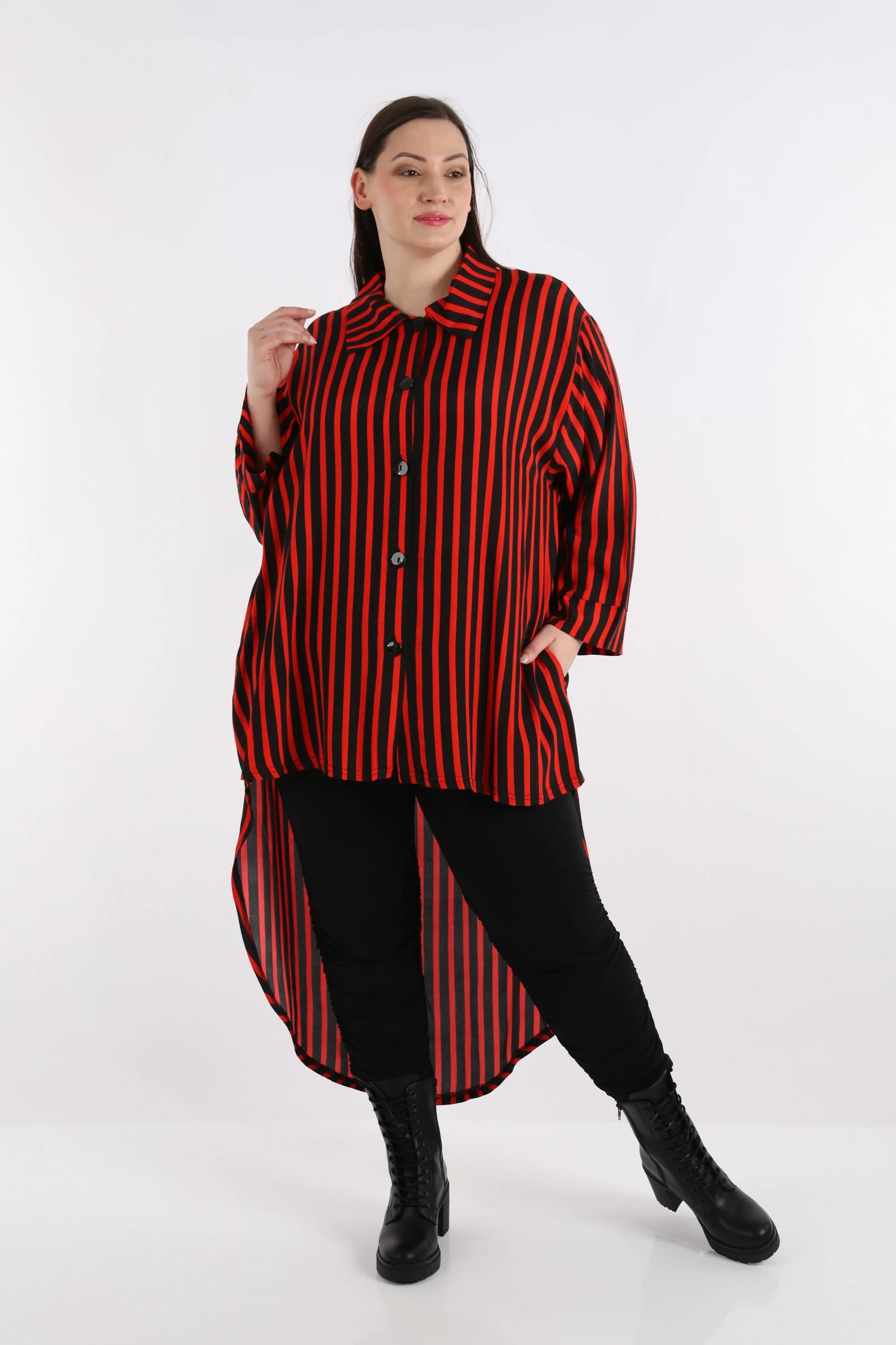  Bluse von AKH Fashion aus Viskose in Vokuhila-Form, 1272.06918, Rot-Schwarz, Ausgefallen