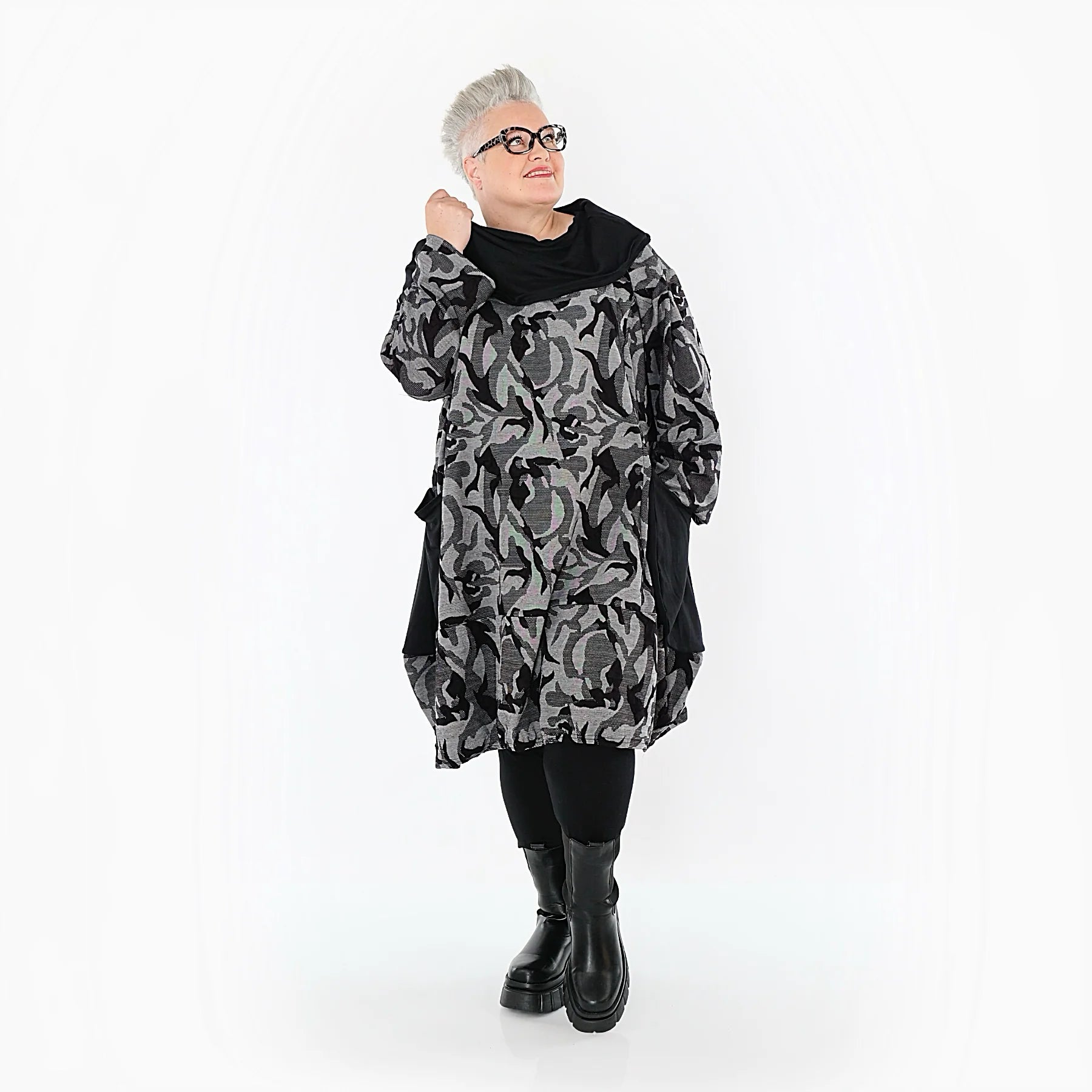  Ballonkleid von AKH Premium aus Viskose, P1012.7139, Grau/Schwarz, Wellen, Ausgefallen