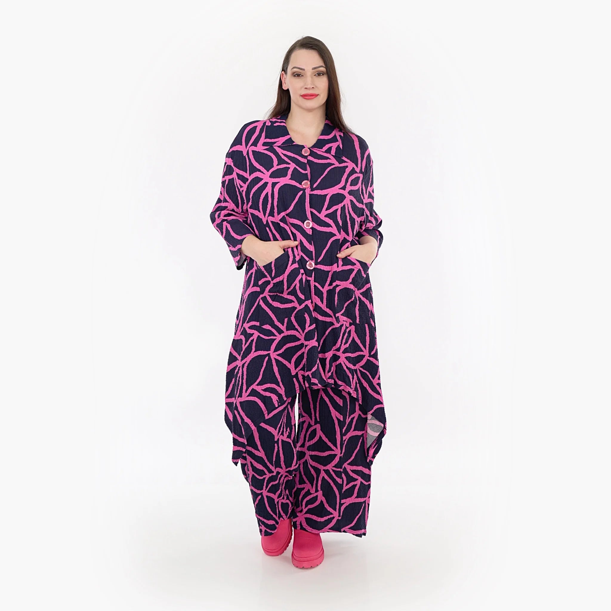  A-Form Jacke in trendigem Marine-Fuchsia mit lässigem Schnitt und grafischem Muster für Plus Size