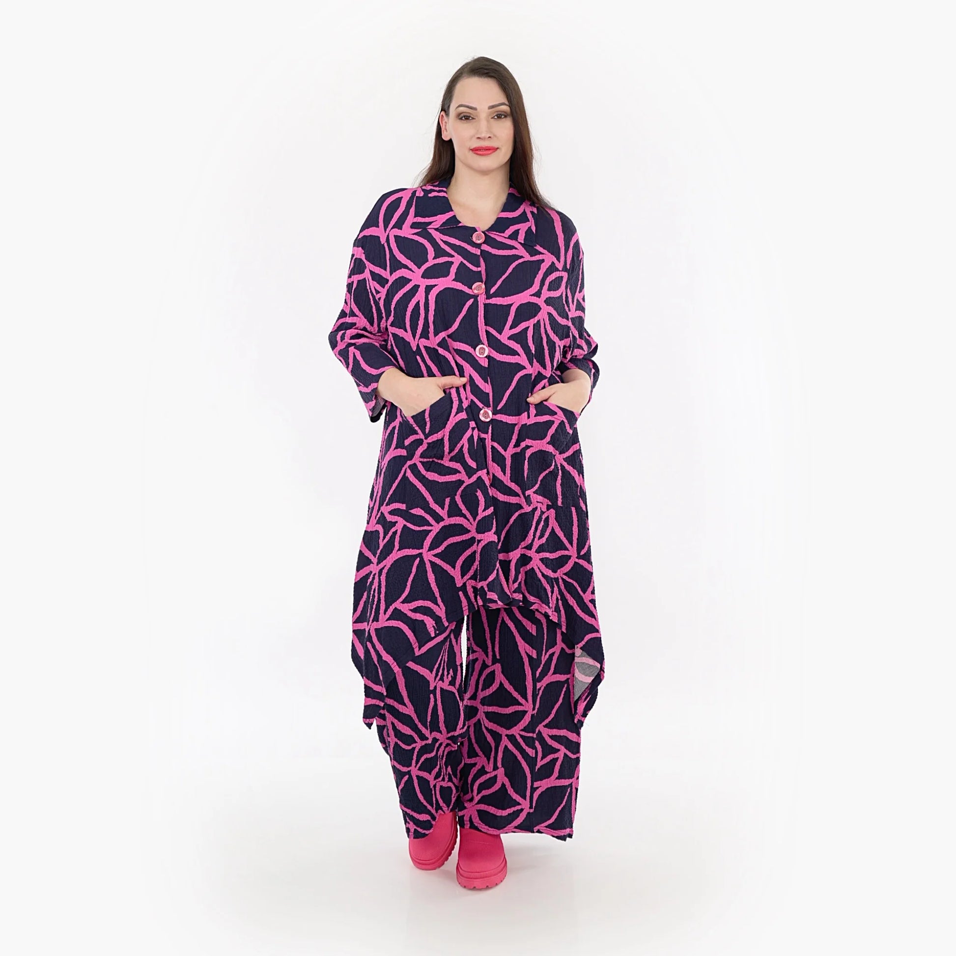  A-Form Jacke in trendigem Marine-Fuchsia mit lässigem Schnitt und grafischem Muster für Plus Size