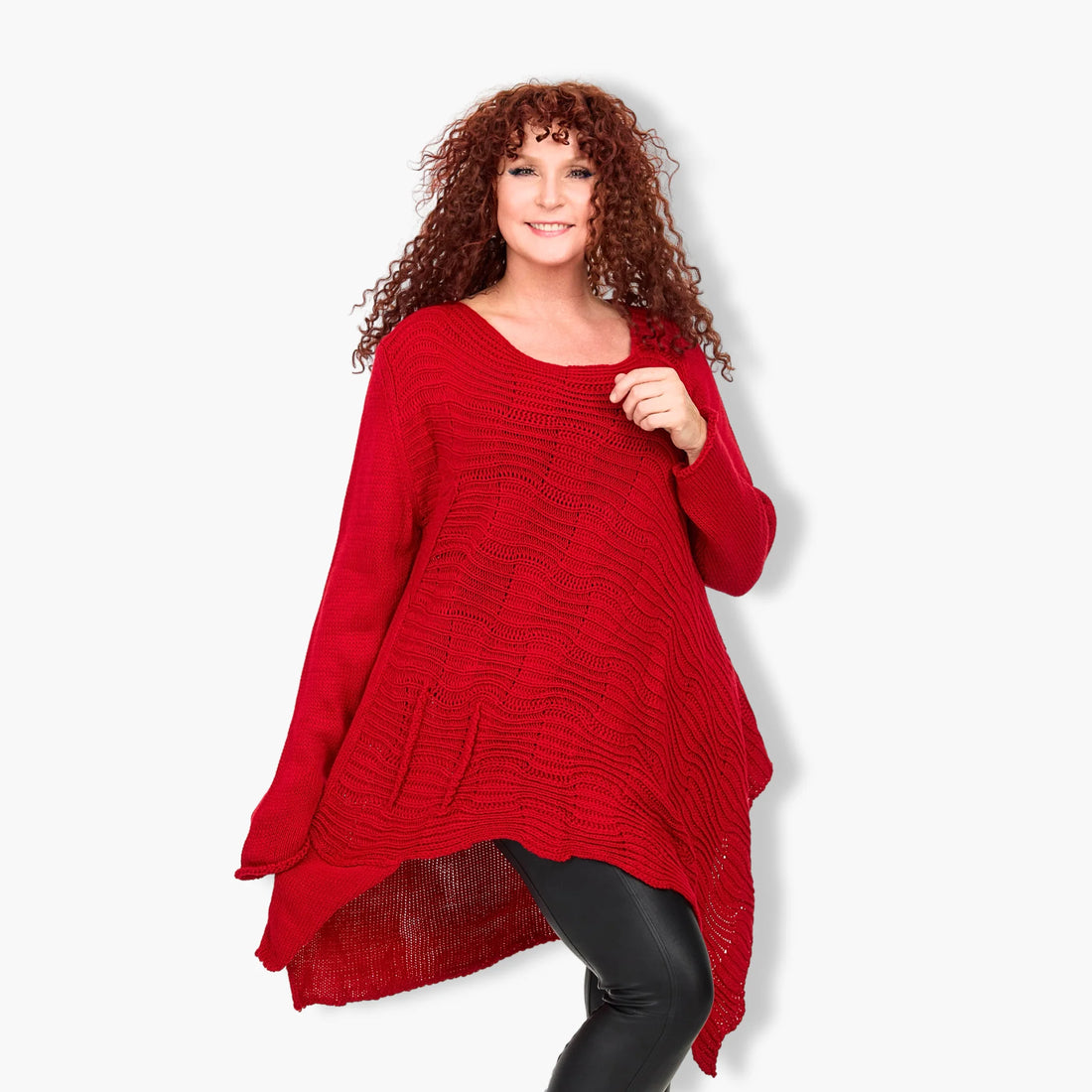  Stylisher A-Form Pullover in strahlendem Rot für trendige Plus Size Mode im Herbst und Winter