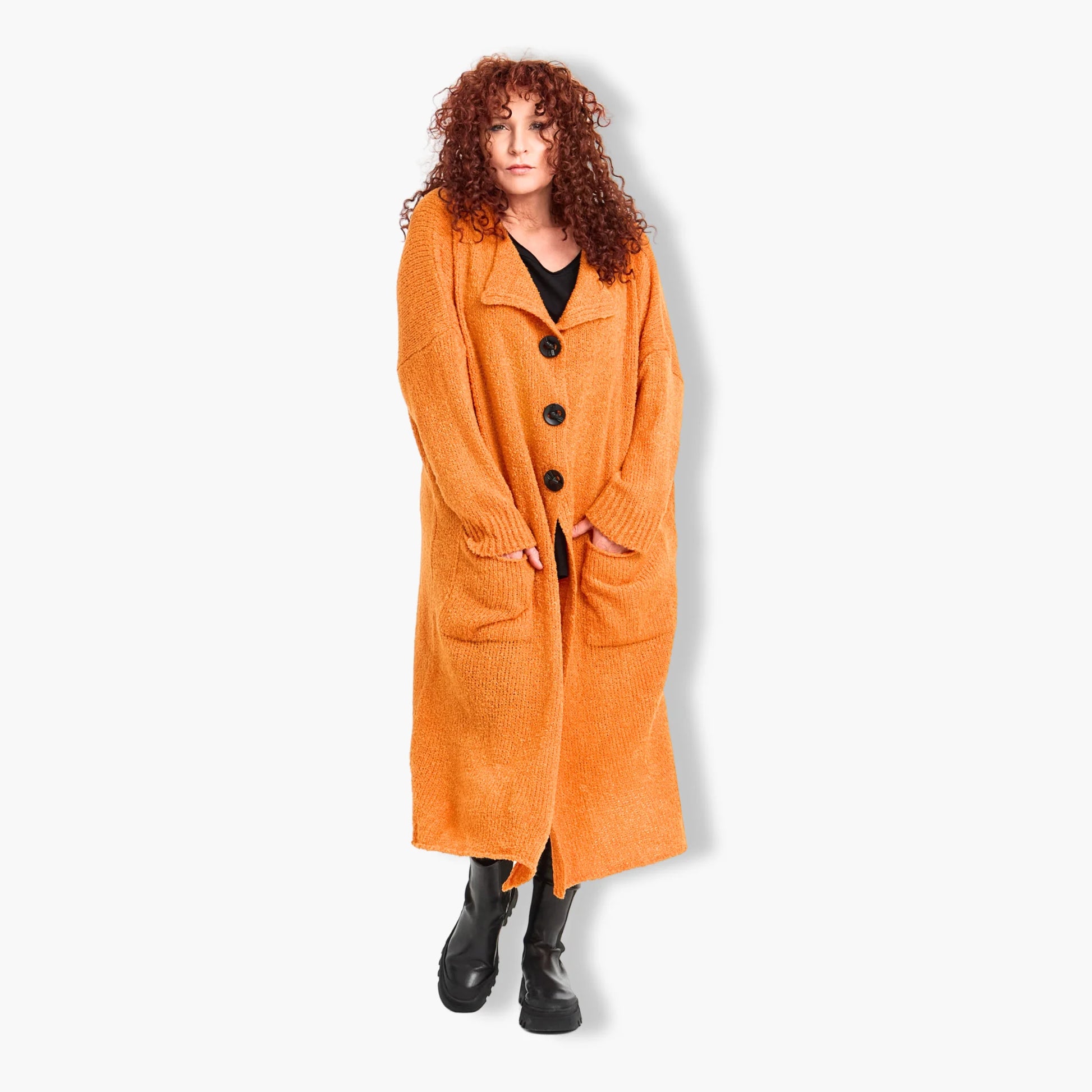  Stilvoller Plus Size Mantel in Orange Bouclé-Design mit Taschen für Herbst und Wintermode