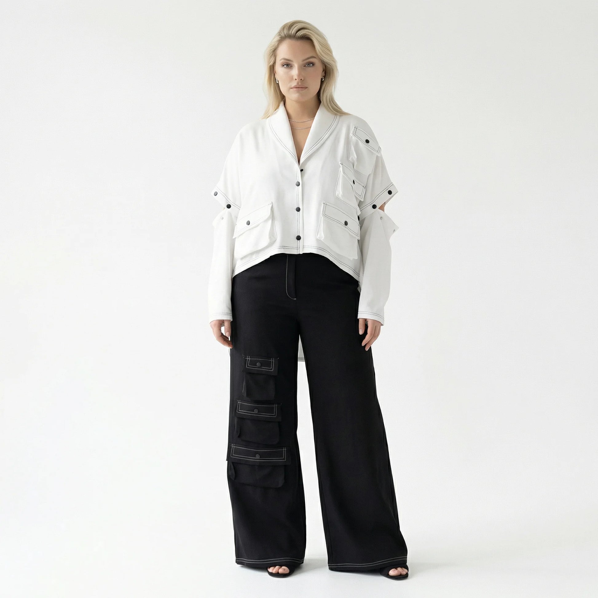  Bukezy 2-Teiler in gerundeter Form, aus Baumwolle, 2085, Weiß/Schwarz, Ausgefallen, Schick