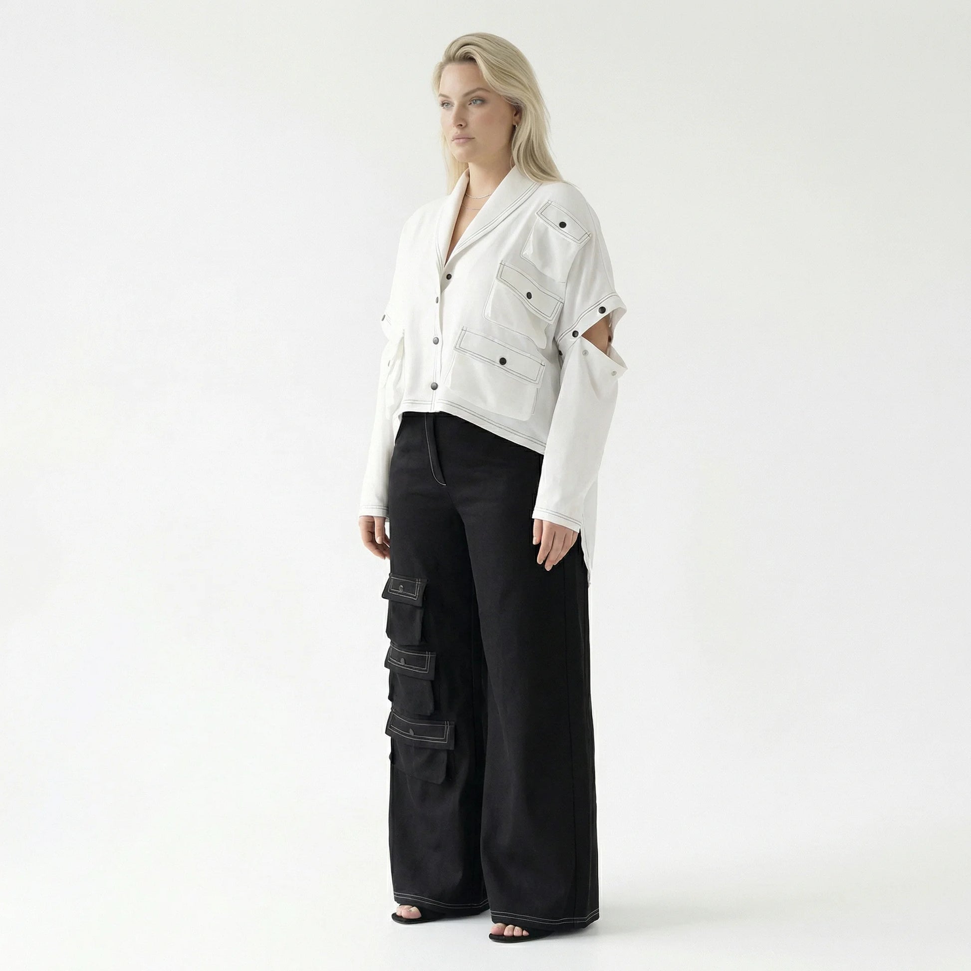  Bukezy 2-Teiler in gerundeter Form, aus Baumwolle, 2085, Weiß/Schwarz, Ausgefallen, Schick