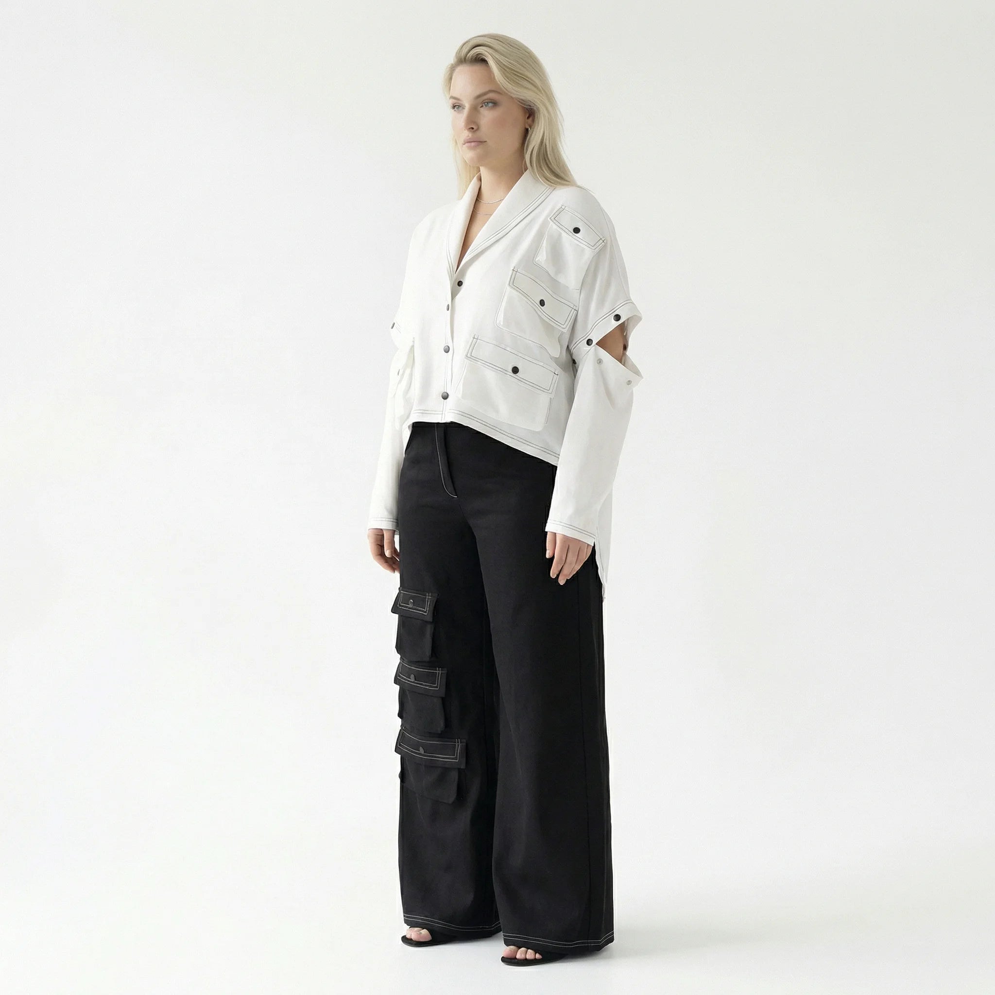  Bukezy 2-Teiler in gerundeter Form, aus Baumwolle, 2085, Weiß/Schwarz, Ausgefallen, Schick