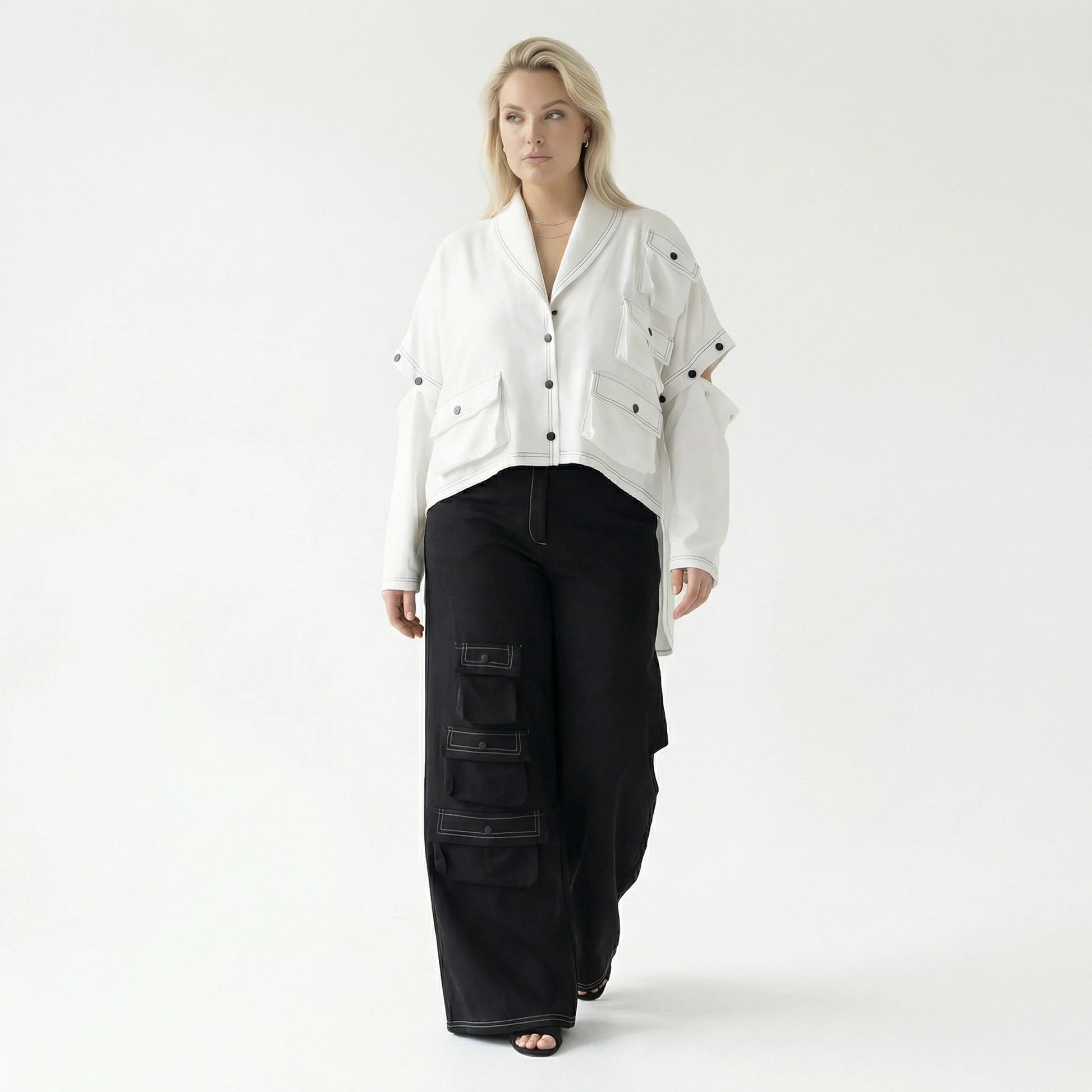  Bukezy 2-Teiler in gerundeter Form, aus Baumwolle, 2085, Weiß/Schwarz, Ausgefallen, Schick