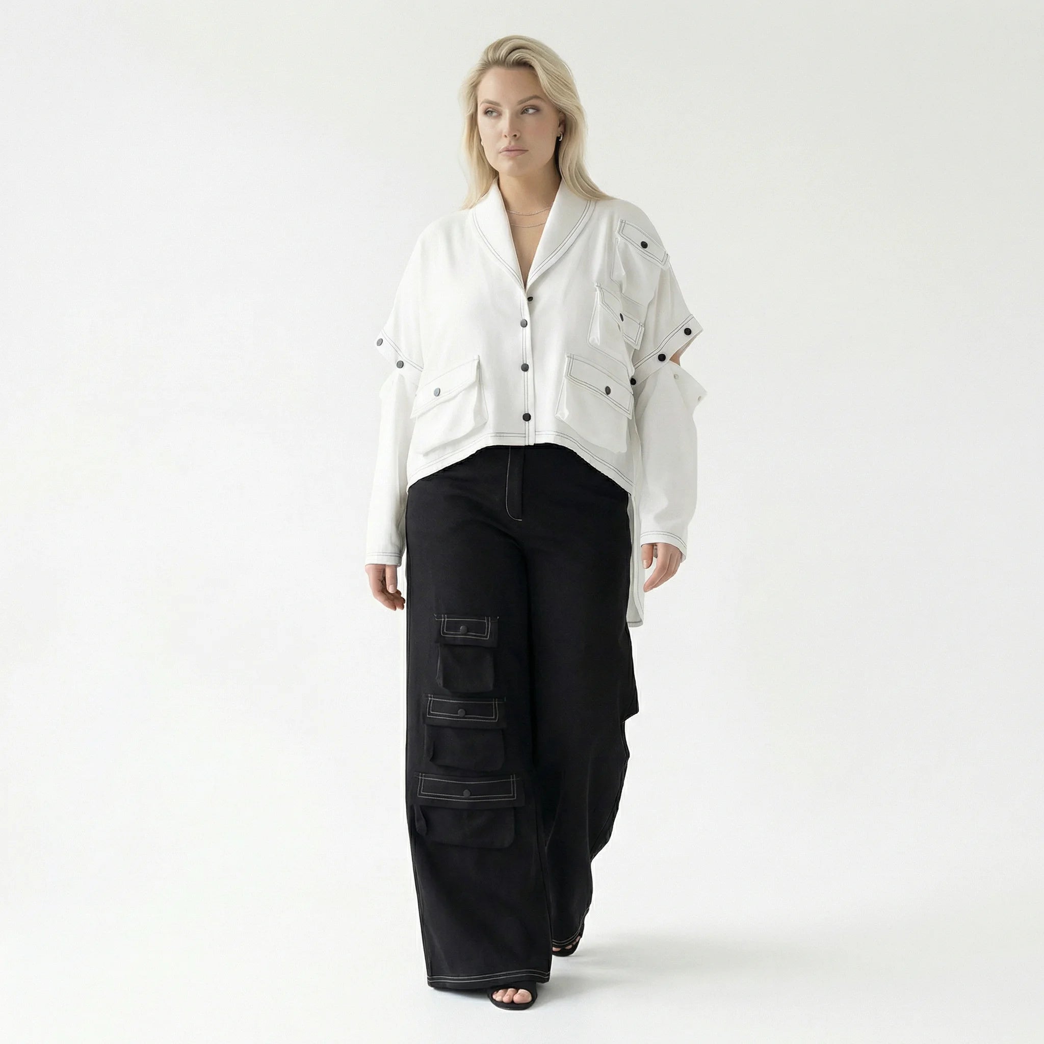  Bukezy 2-Teiler in gerundeter Form, aus Baumwolle, 2085, Weiß/Schwarz, Ausgefallen, Schick