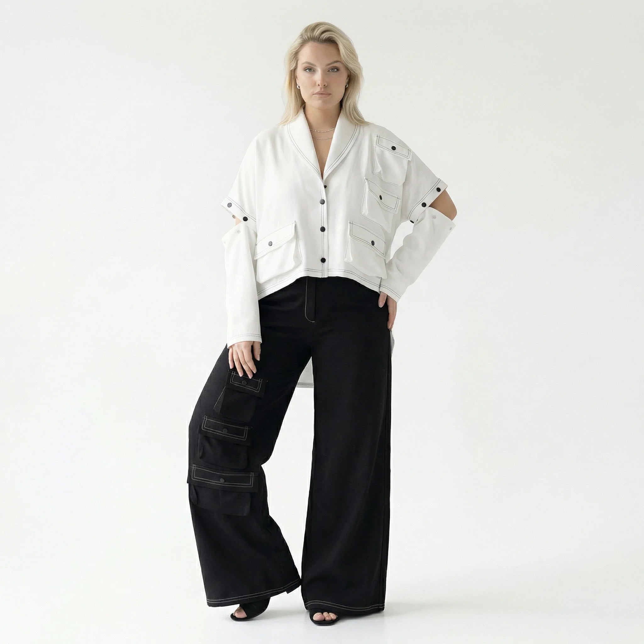  Bukezy 2-Teiler in gerundeter Form, aus Baumwolle, 2085, Weiß/Schwarz, Ausgefallen, Schick