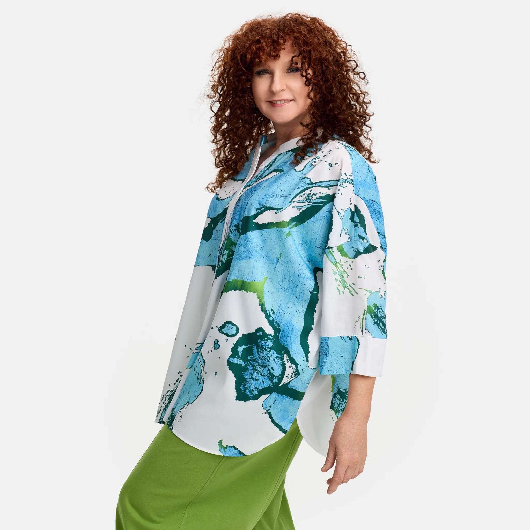  Bluse von Do Your Best aus Baumwolle, D920, Weiß/Türkis, Abstrakt, Schick, Modern, Bequem