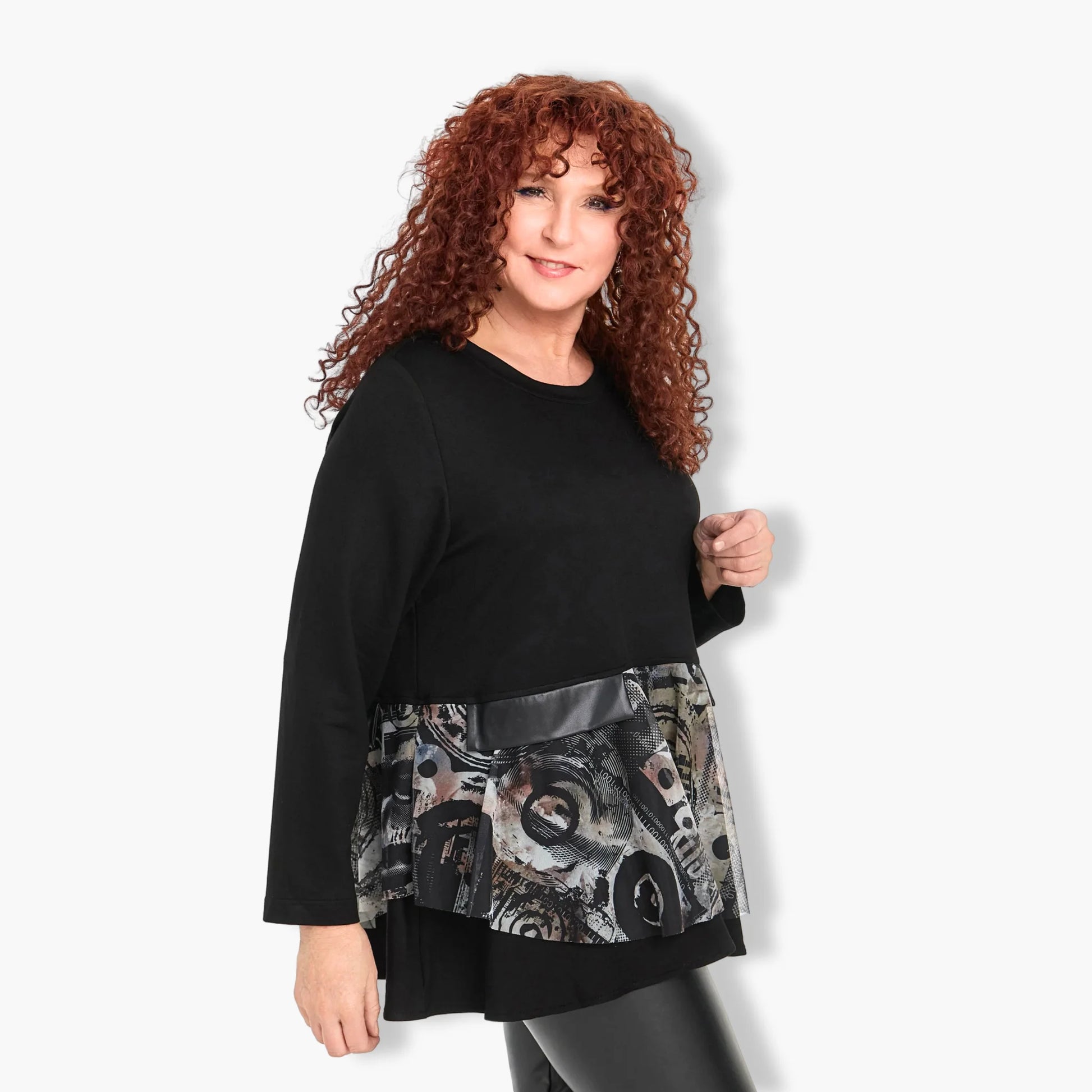  Stylisches A-Form Shirt in Schwarz mit langem Arm aus weicher Viskose für Plus Size Mode