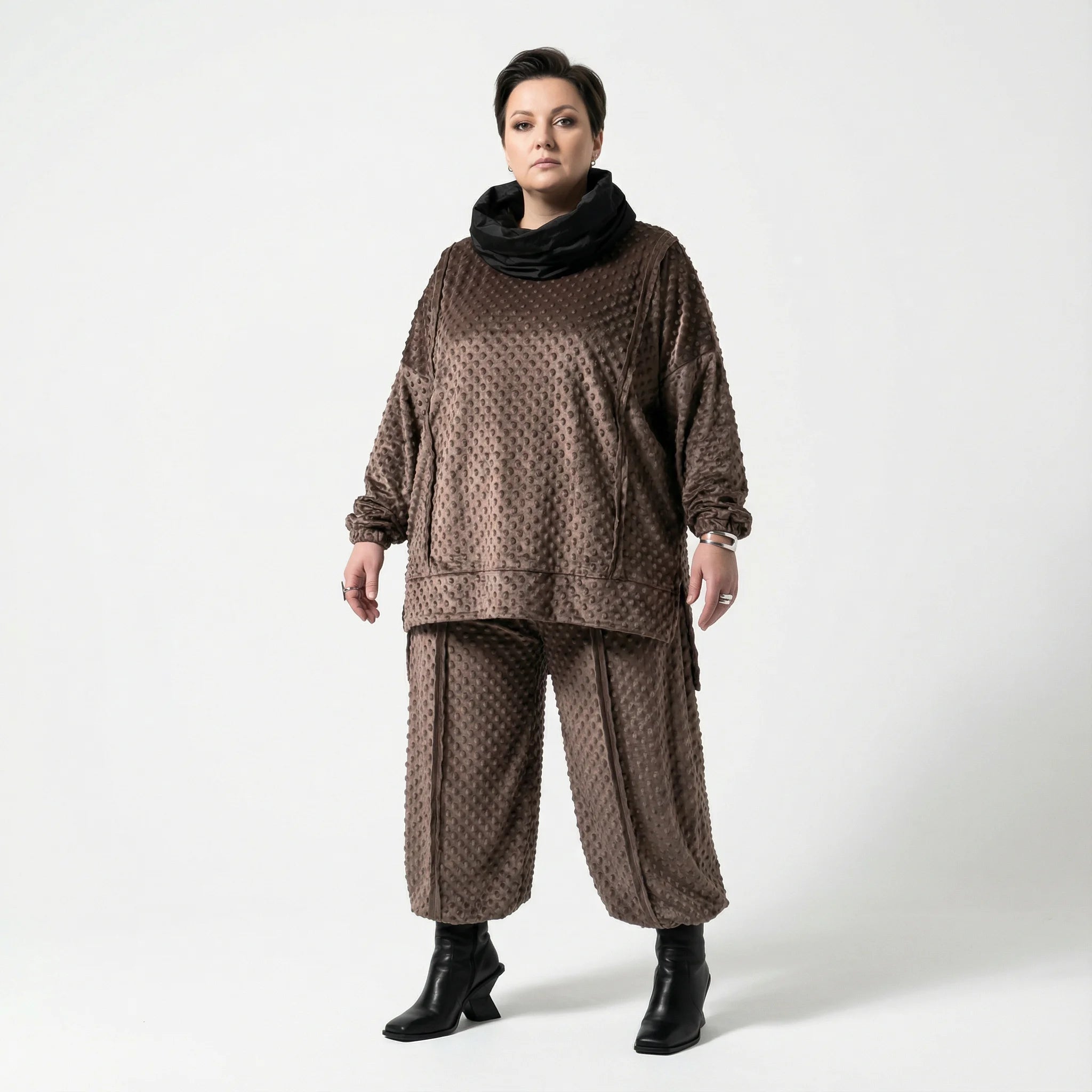  AKH Premium Bigshirt in gerader Form, aus Materialmix, P1030.7178, Taupe/Braun, Punkte