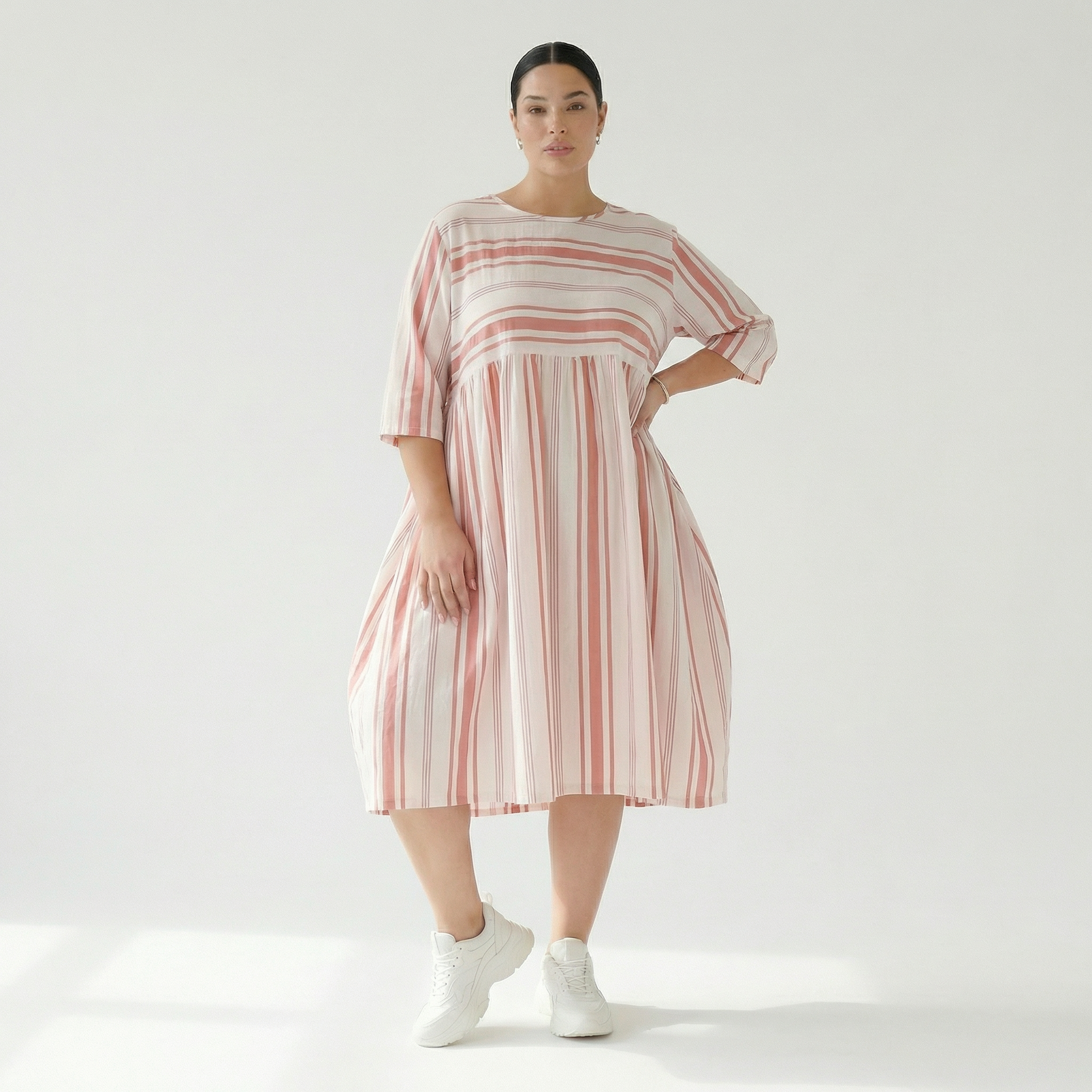 Ballonkleid von AKH Fashion aus Baumwolle, 1420.06698, Weiß/Apricot, Blockstreifen, Schick