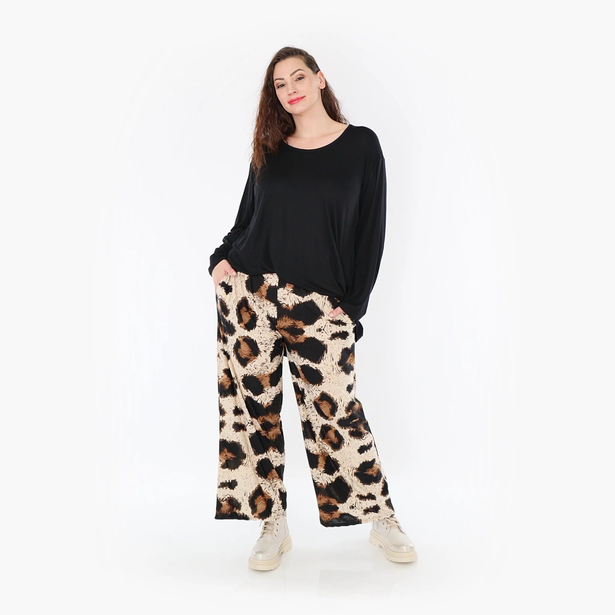 AKH Fashion Hose in gerader Form, aus Viskose, 1369.02024, Beige-Schwarz-Braun, Leopard