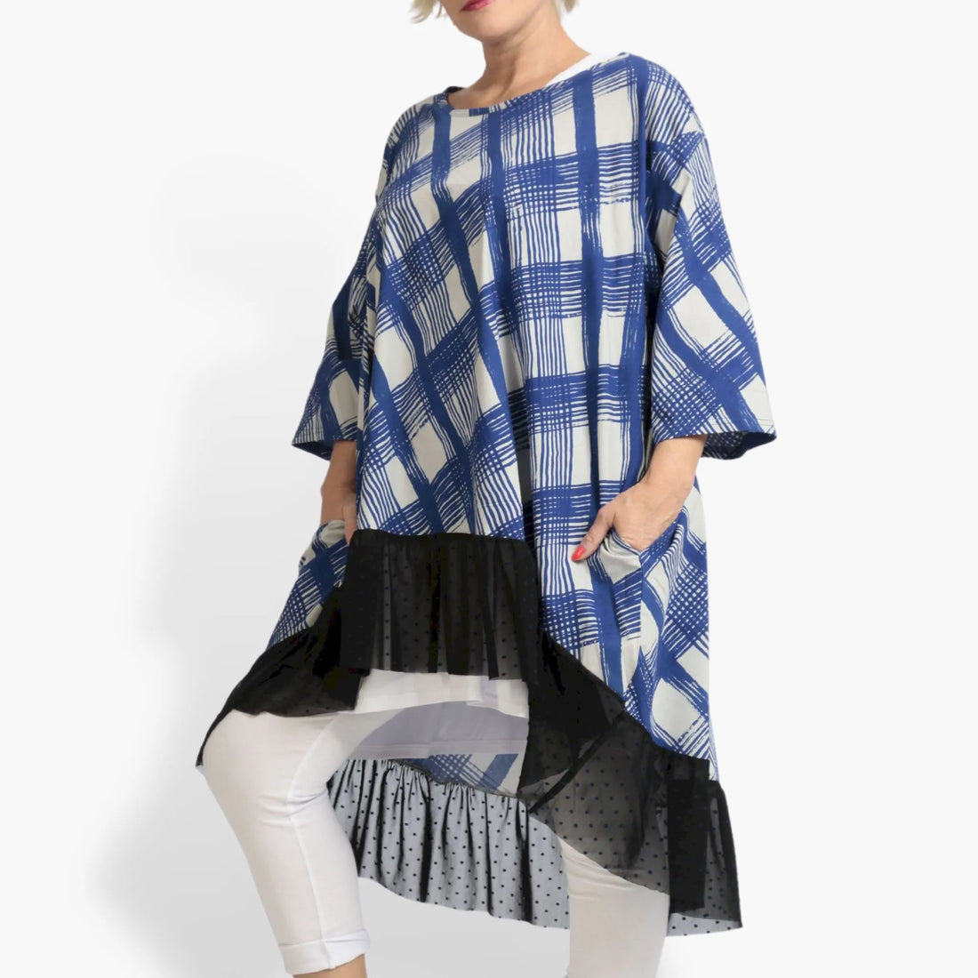  AKH Fashion Bigshirt in gerundeter Form, aus Viskose, 1089.06837, Blau-Grau, Kariert, Schick