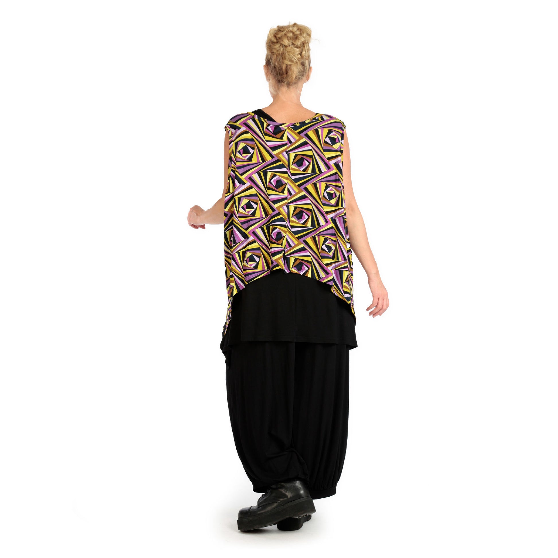  Zipfel Top von AKH Fashion aus Viskose, 1123.00428, Lila-Gelb-Flieder, Grafik, Ausgefallen