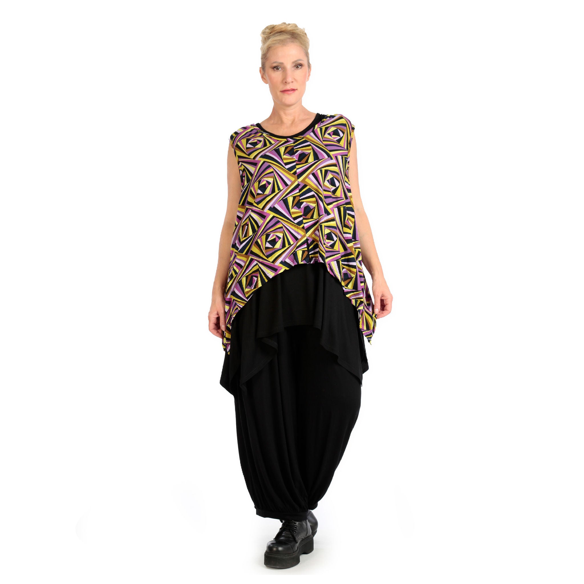  Zipfel Top von AKH Fashion aus Viskose, 1123.00428, Lila-Gelb-Flieder, Grafik, Schick