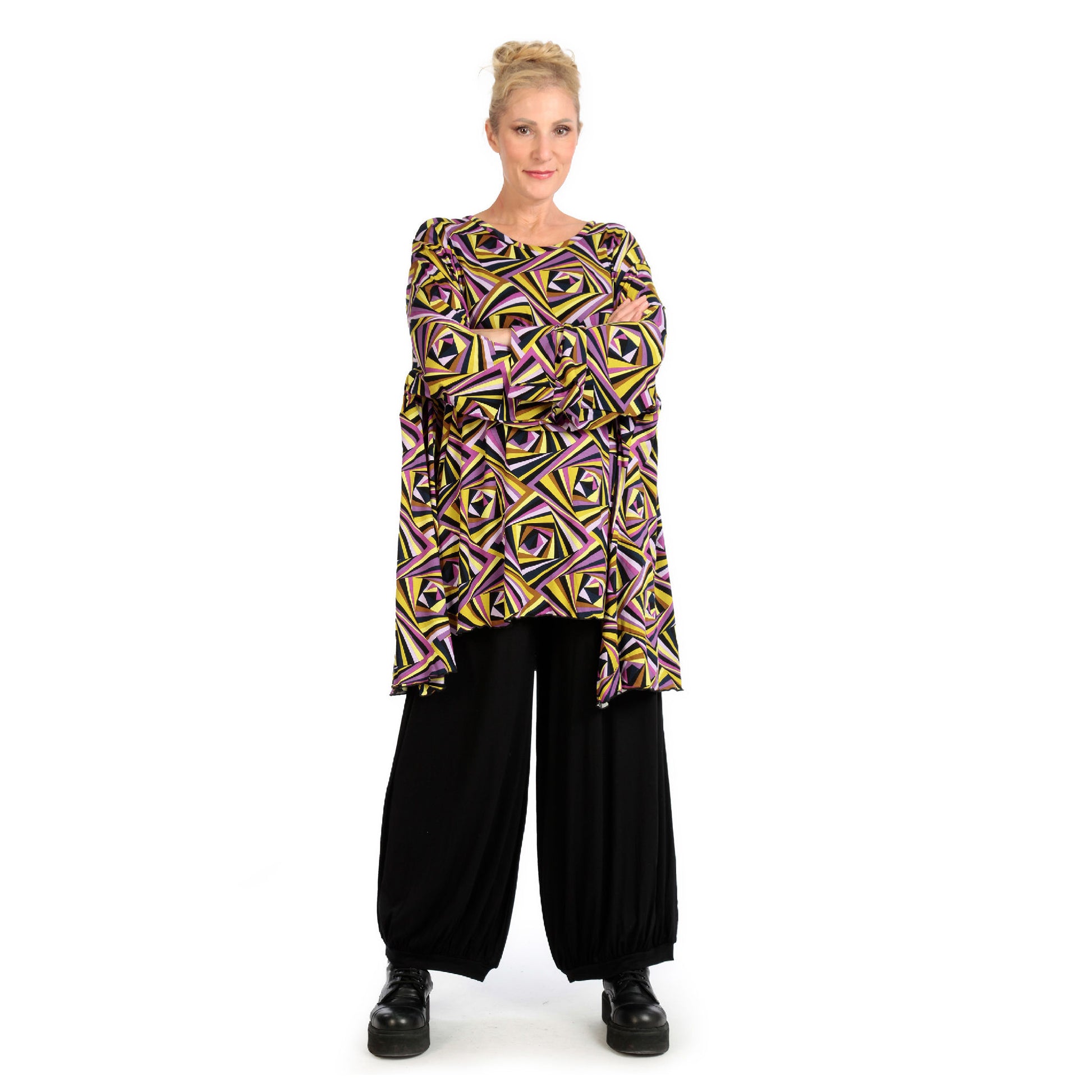  A-Form Bigshirt von AKH Fashion aus Viskose, 1123.00593, Lila-Gelb-Flieder, Schick, Modern