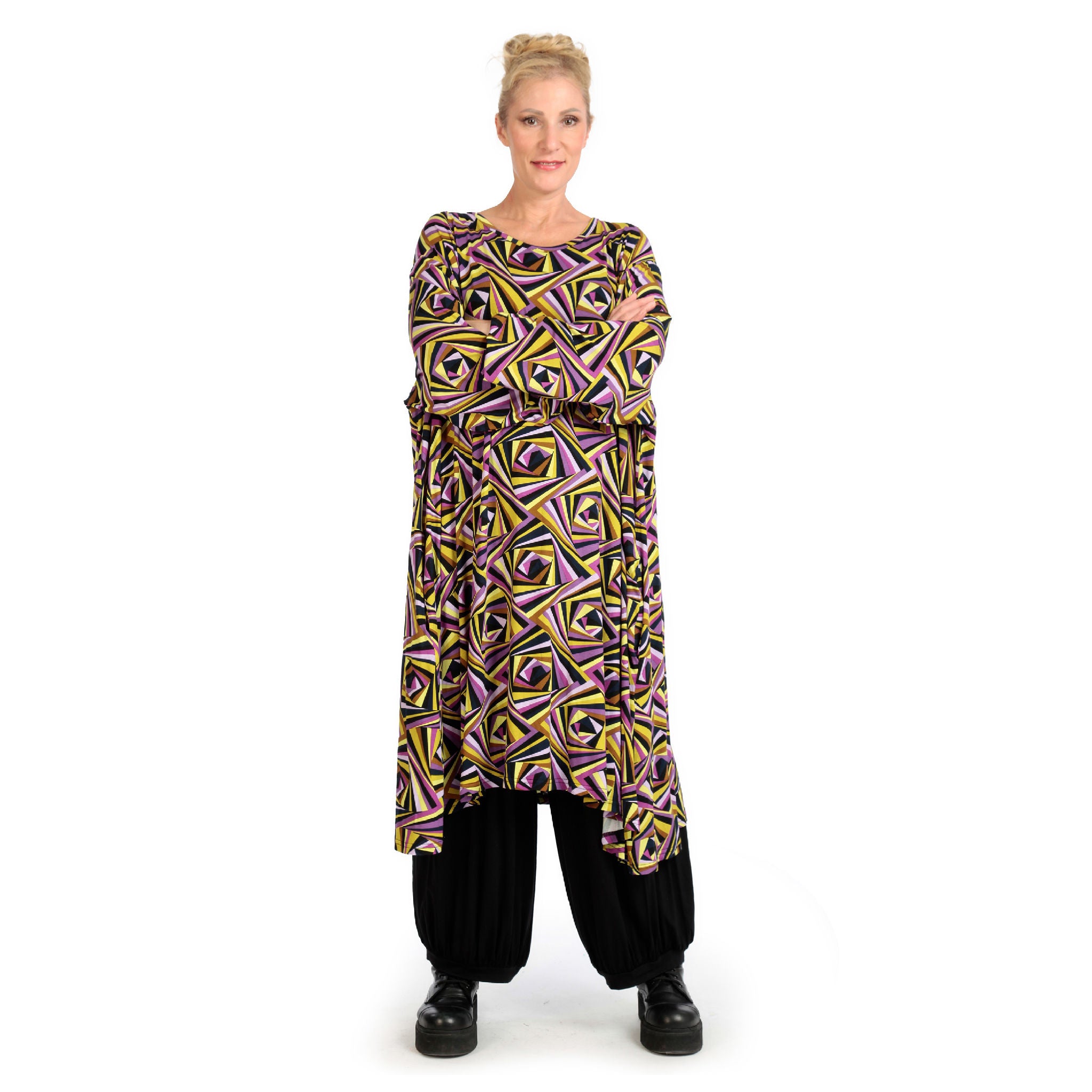  A-Form Kleid von AKH Fashion aus Viskose, 1123.06863, Lila-Gelb-Flieder, Grafik, Schick