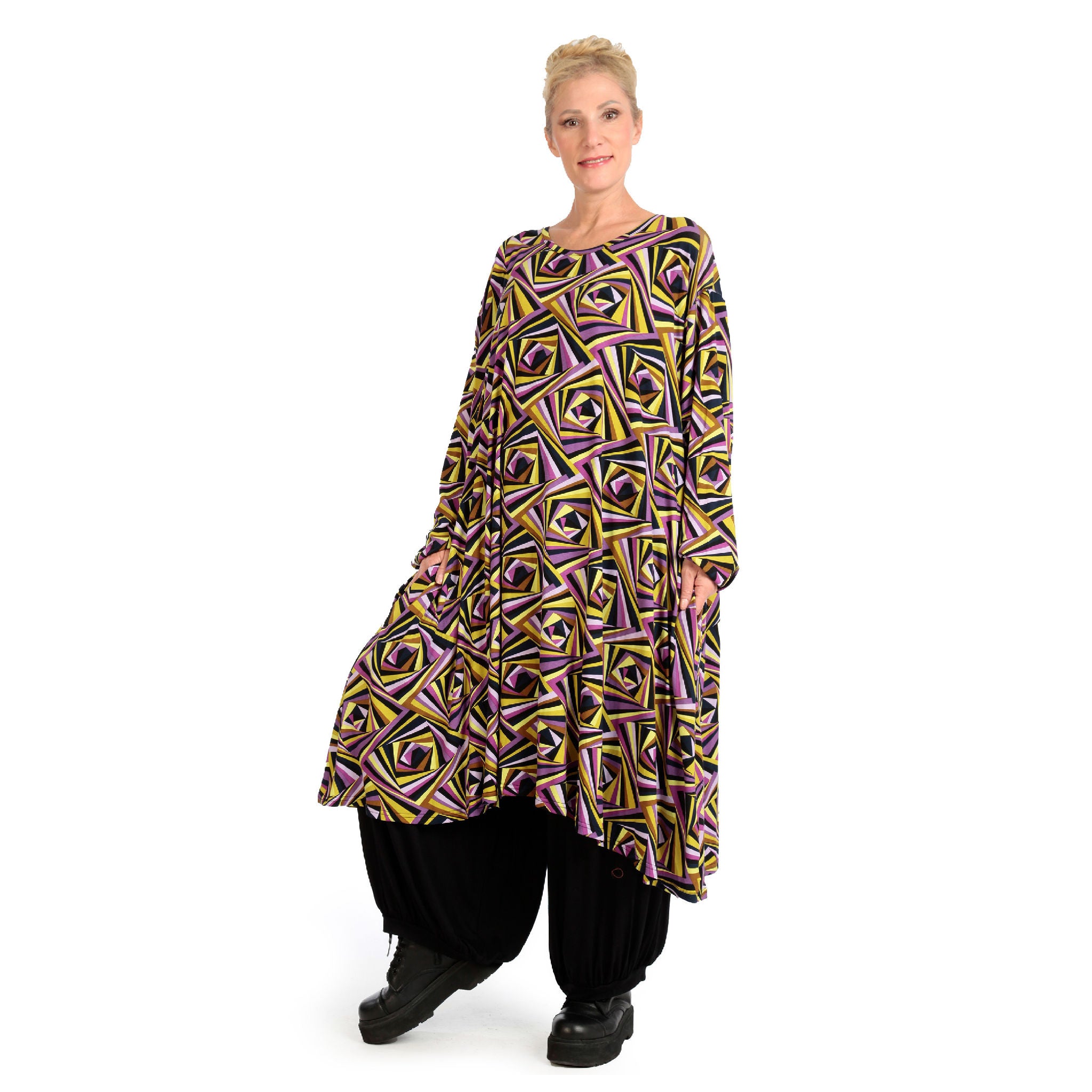  A-Form Kleid von AKH Fashion aus Viskose, 1123.06863, Lila-Gelb-Flieder, Grafik, Schick