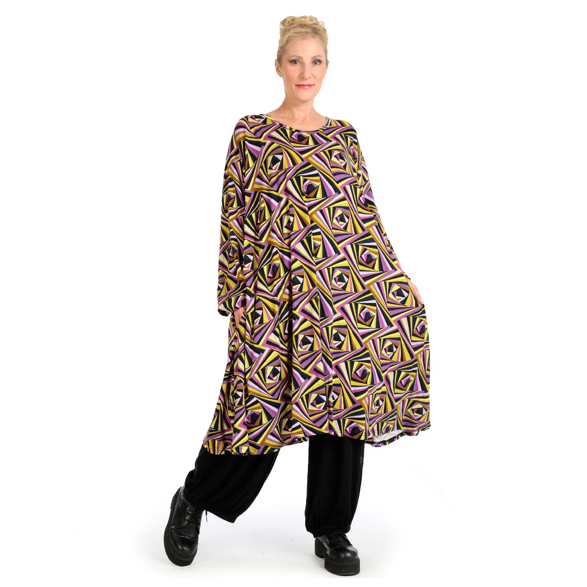  A-Form Kleid von AKH Fashion aus Viskose, 1123.06863, Lila-Gelb-Flieder, Grafik, Schick